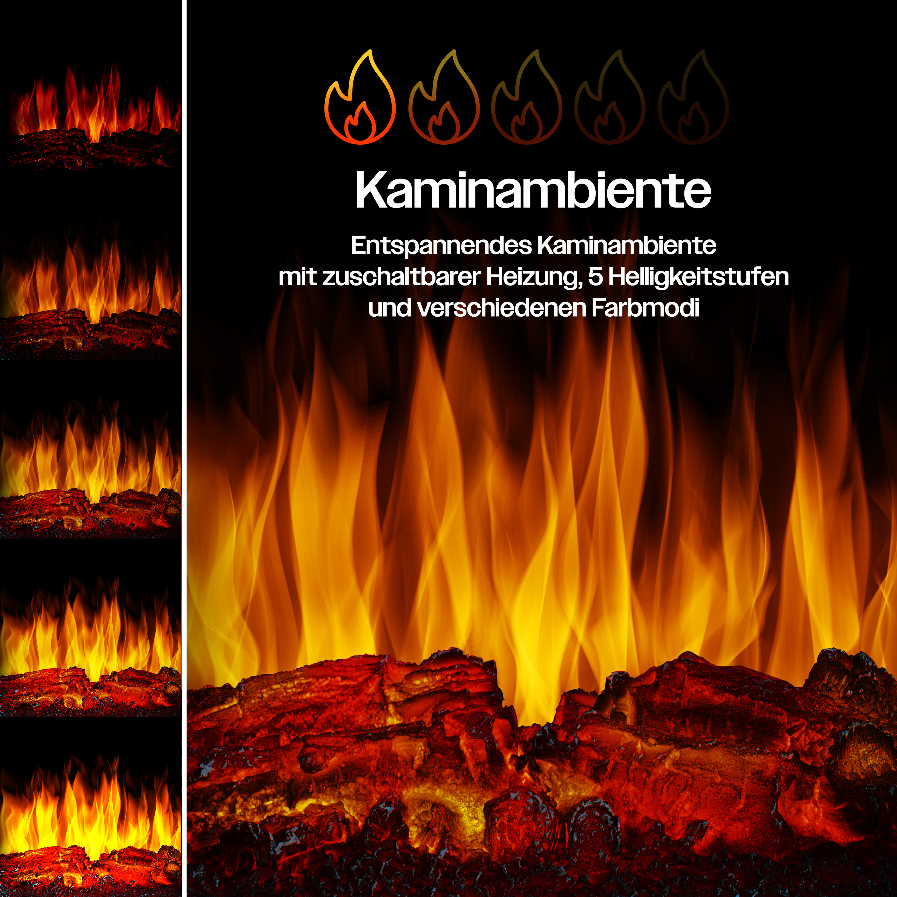 Werbebild für Kaminambiente mit brennendem Feuer, Holzscheiten und Text über Heizung und Helligkeit.