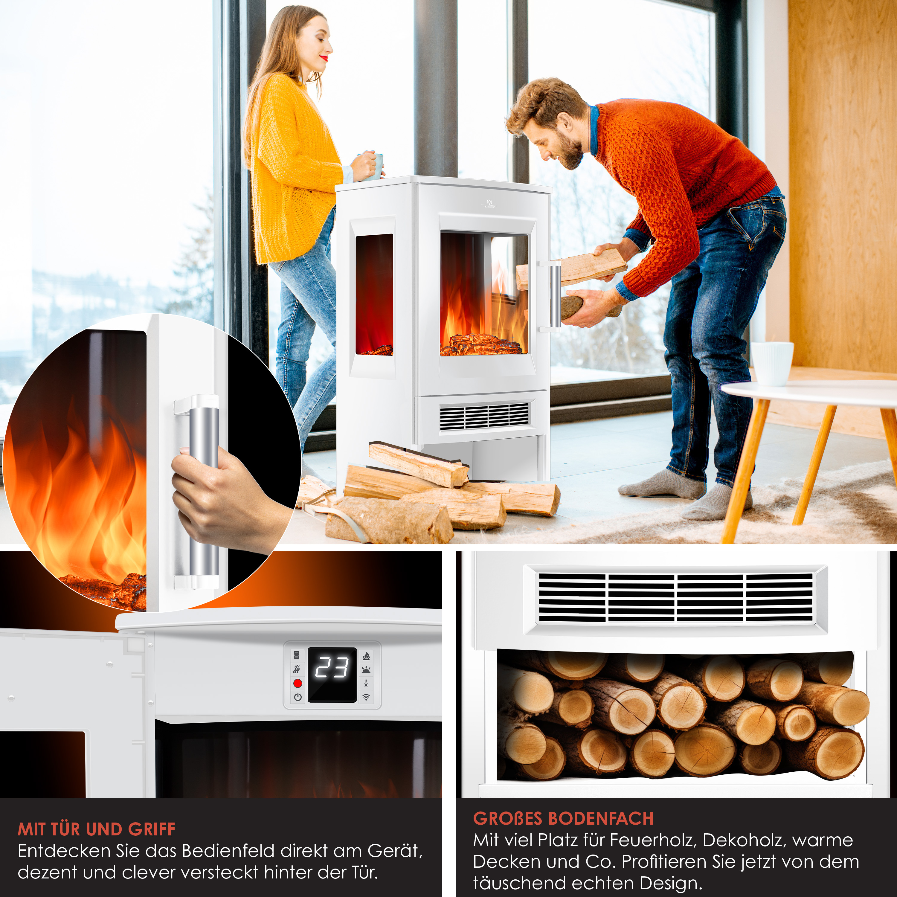 Ein Paar in einem modernen Wohnzimmer nutzt einen weißen Kamin, während unten Holzlager und Bedienelemente gezeigt werden.