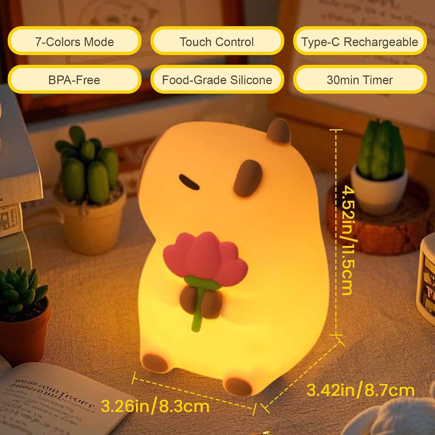 Eine süße, leuchtende Capybara-Lampe mit rosa Blume, Maßangaben und Funktionsübersicht.