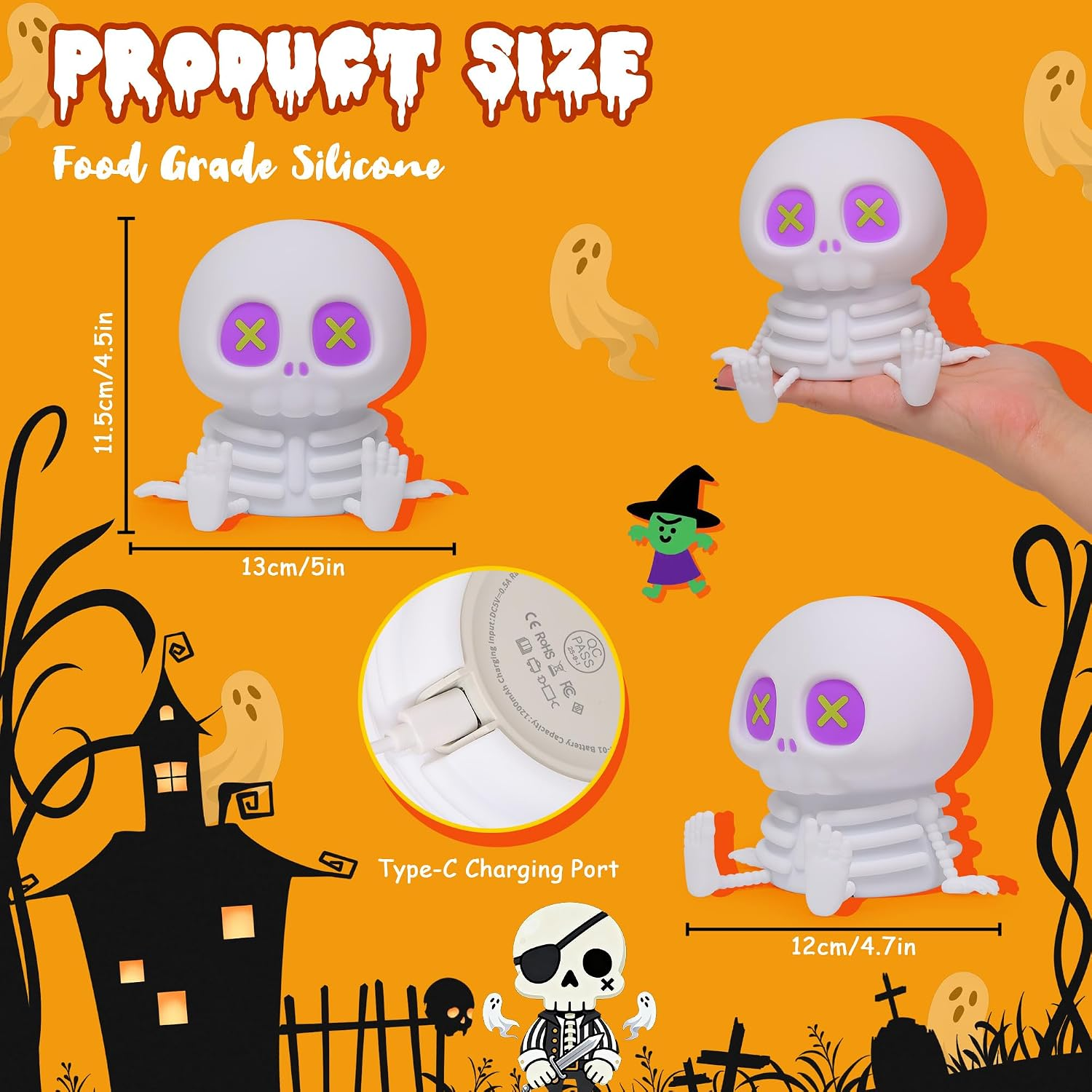 Produktgrößengrafik eines Skelett-Nachtlichts mit Maßen, Typ-C-Anschluss und Halloween-Illustrationen auf orangefarbenem Grund.