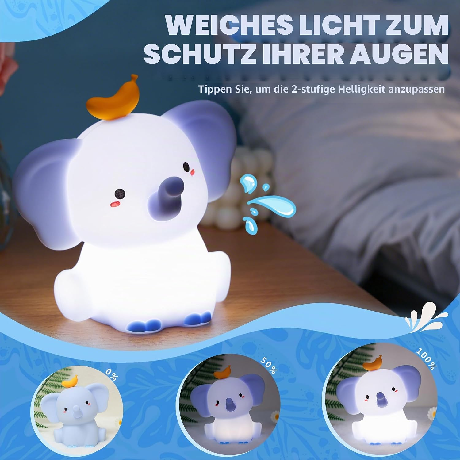 Ein süßes Elefanten-Nachtlicht mit einer kleinen Banane auf dem Kopf auf einem Nachttisch.