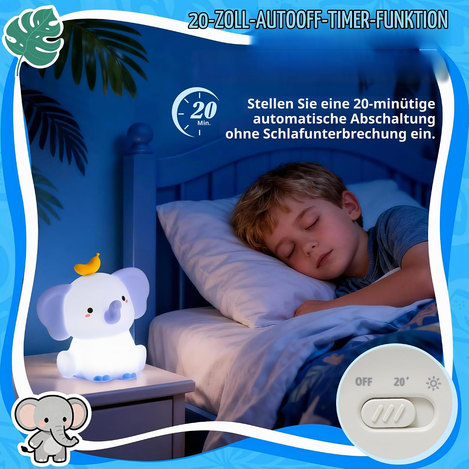 Ein Junge schläft im Bett, daneben leuchtet eine Elefantenlampe mit Timerfunktion.