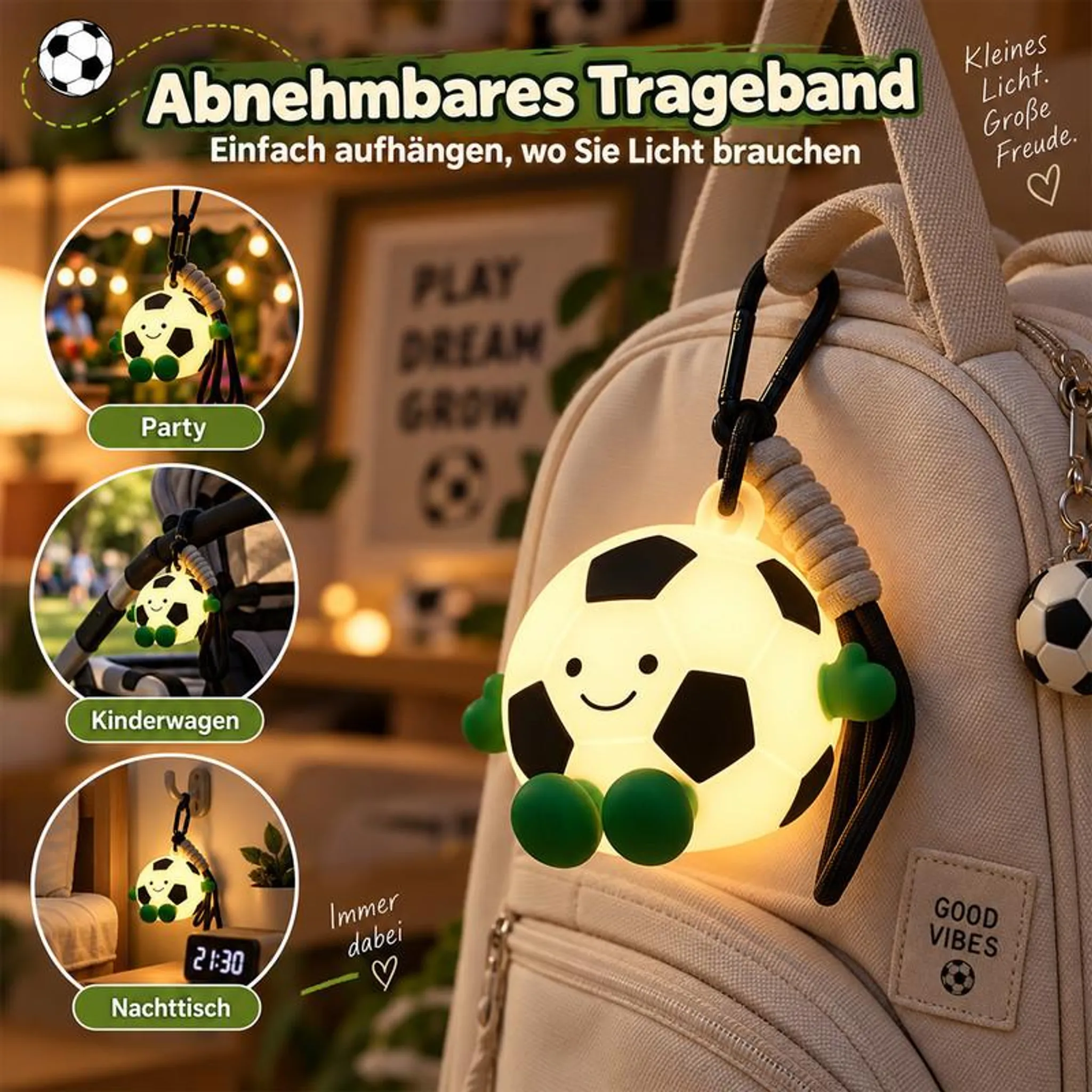 Beleuchtete, fußballförmige Silikonlampe mit einem lachenden Gesicht, befestigt an einem Rucksack mit Karabiner.