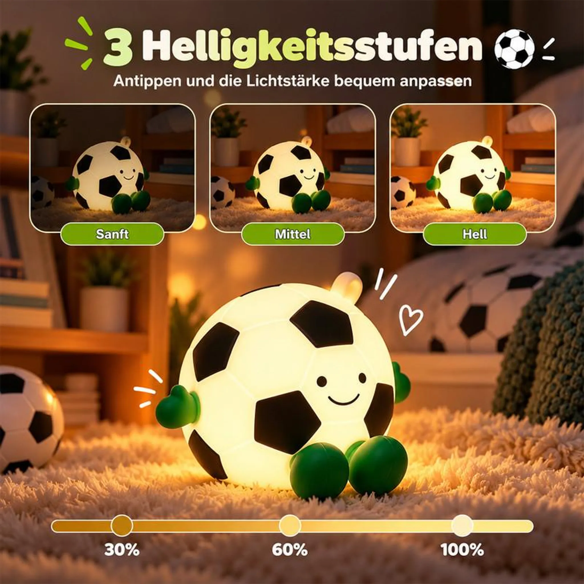 Eine niedliche, leuchtende Fußball-Lampe mit Gesicht, grünem Fuß und drei Helligkeitsstufen.
