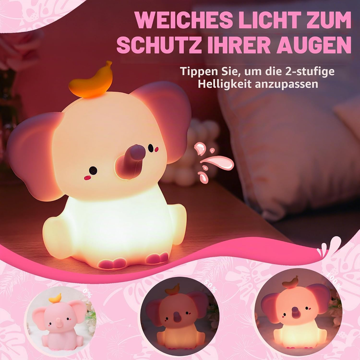 Niedliche Elefanten-Nachtlampe auf einem Holztisch mit anpassbarem warmen Licht.