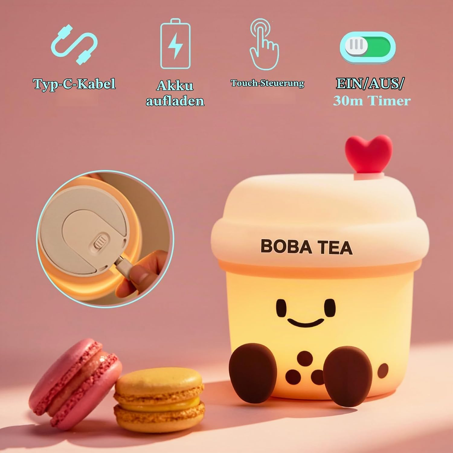 Niedliche Boba-Tea-Lampe mit Macarons und Funktionssymbolen oben.