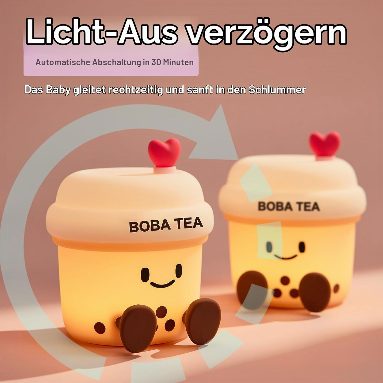 Zwei niedliche, beleuchtete Boba-Tea-Nachtlichter mit Gesichtern, Herzen auf dem Deckel und deutscheem Werbetext.