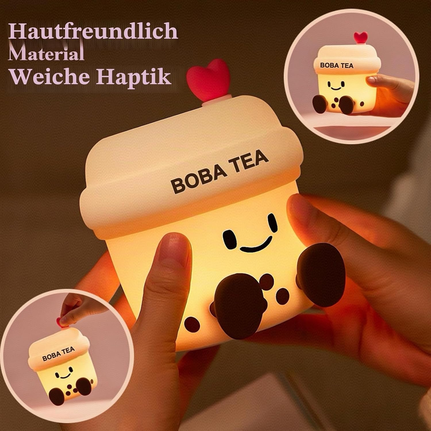 Ein weiches, leuchtendes Boba-Tea-Nachtlicht mit Gesicht und Händen wird in Händen gehalten.