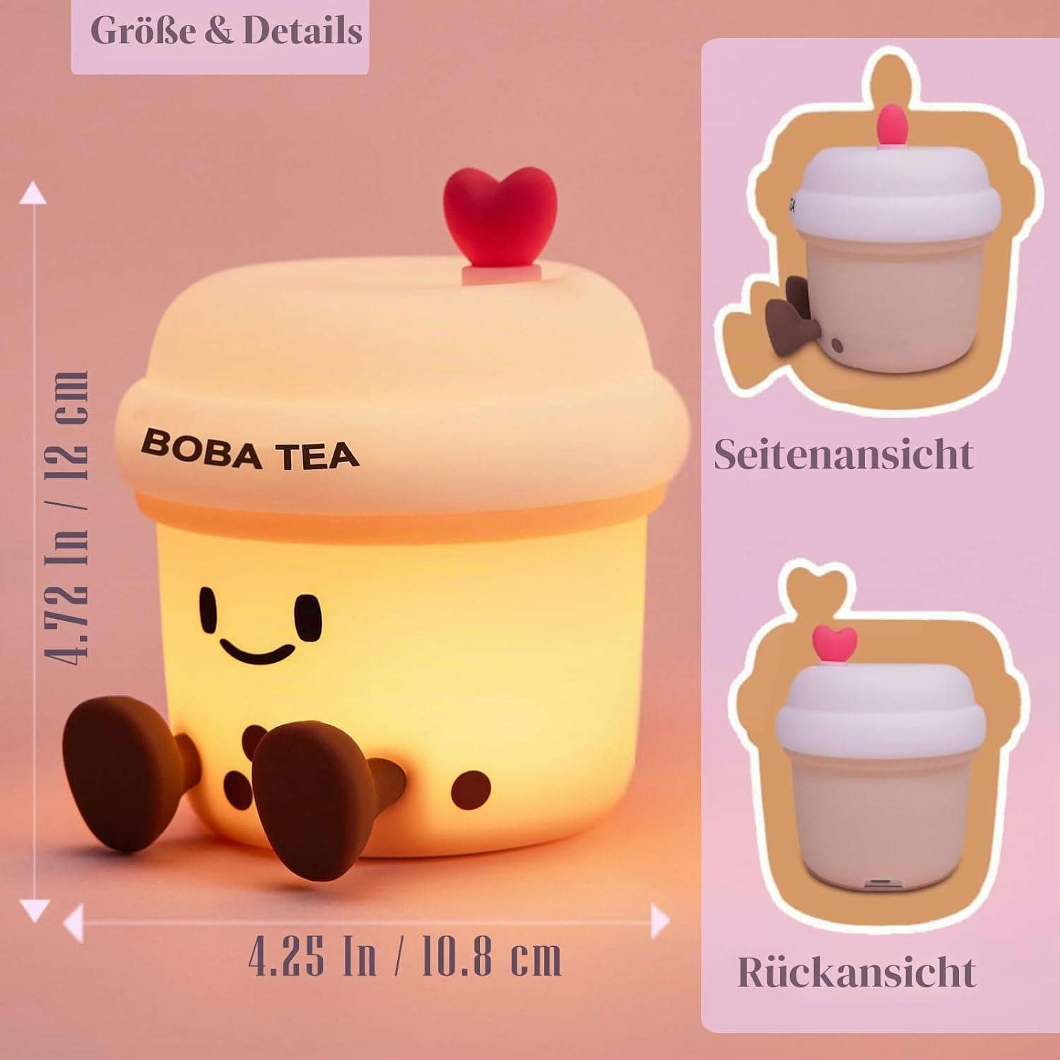Boba-Tea-Nachtlicht mit Gesicht, rotem Herz und Maßen: 12 cm Höhe und 10,8 cm Breite.