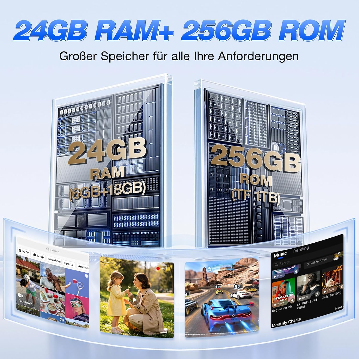 Werbung für Smartphone-Speicher mit 24 GB RAM und 256 GB ROM sowie App-Vorschauen.