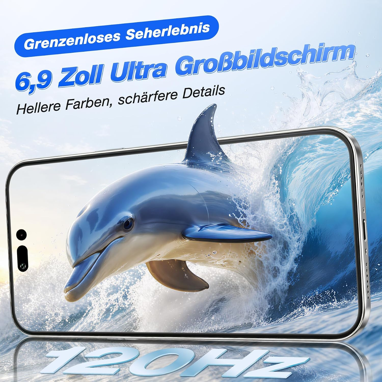 Smartphone mit Dolphin-Hintergrundbild und deutschem Werbetext über Bildschirmgröße.