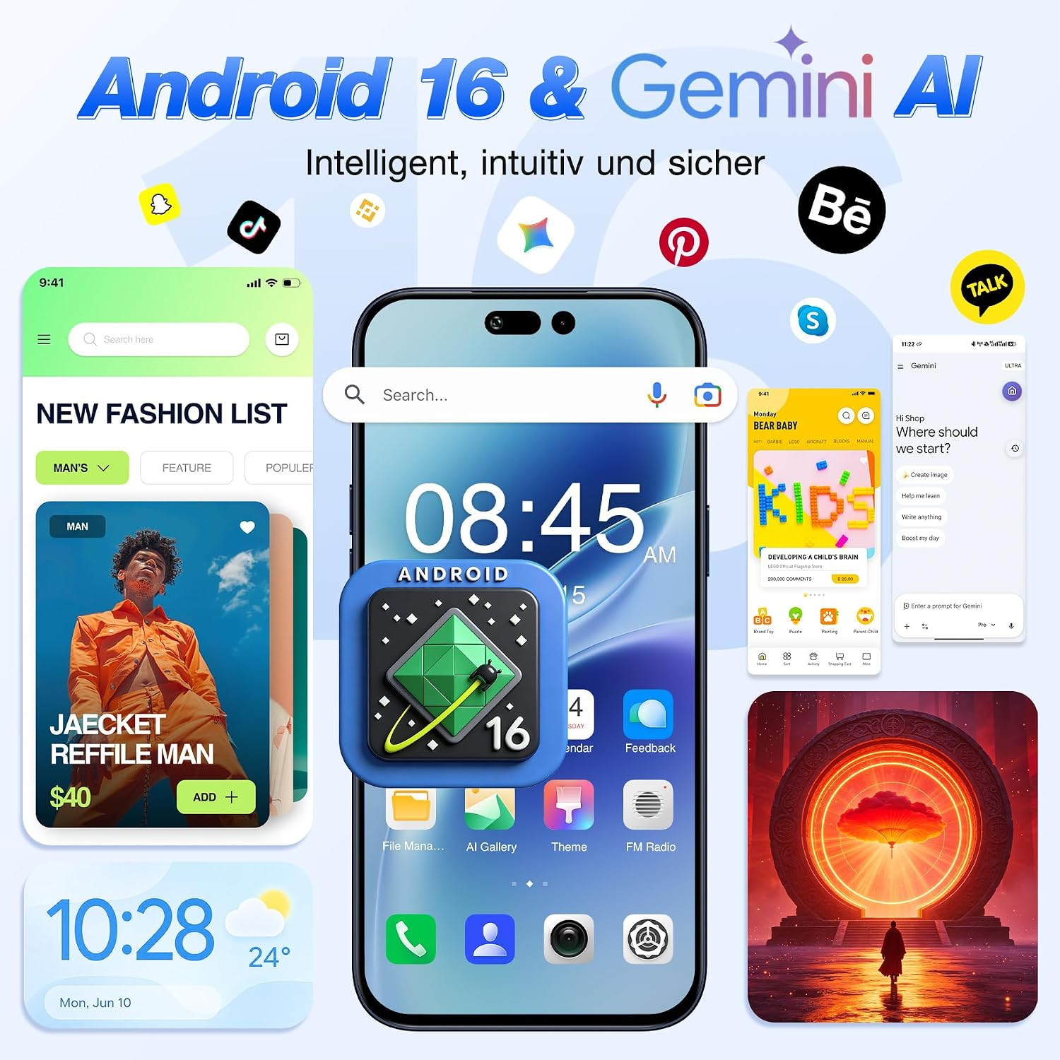 Grafik mit Android 16-Funktionen, App-Symbolen und Smartphone-Schnittstellen mit Gemini AI.