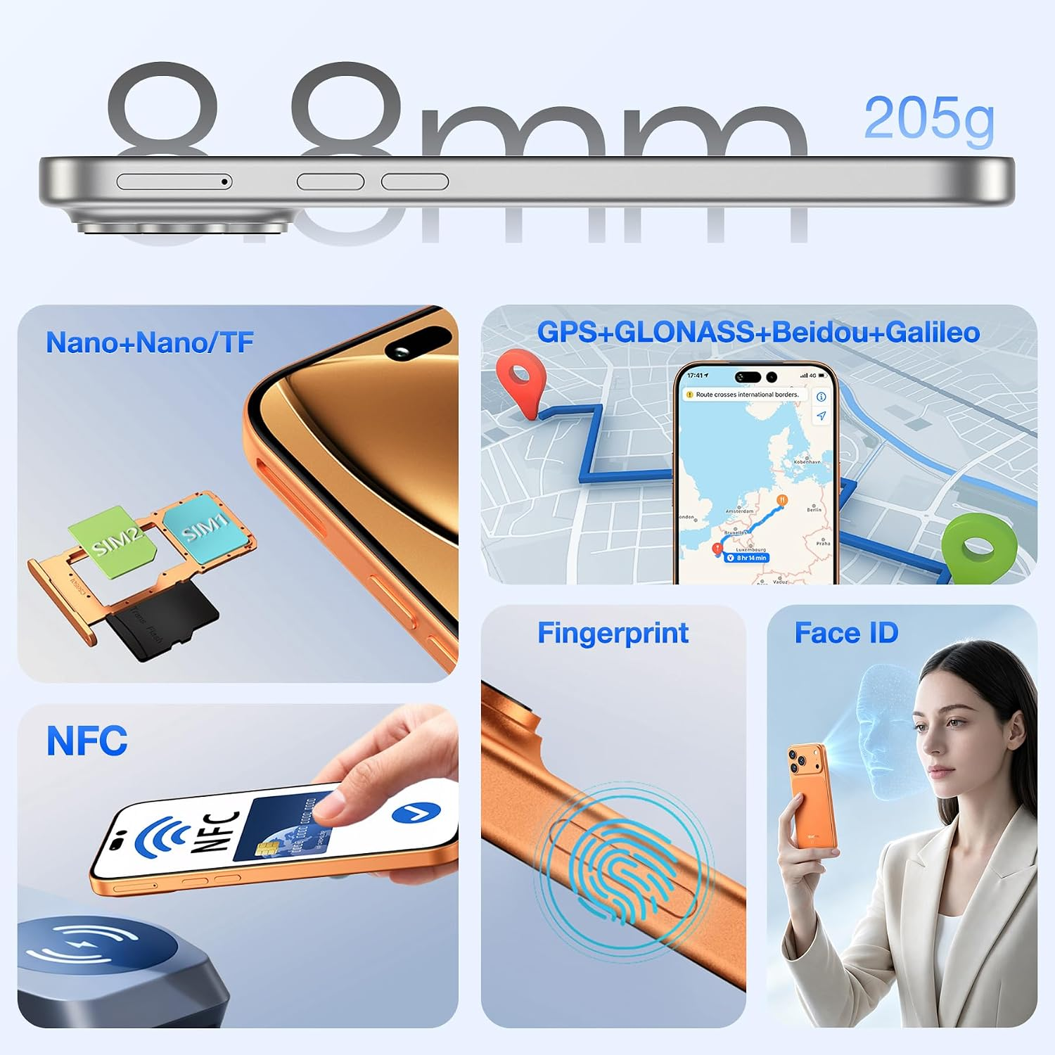 Smartphone-Funktionen: Dicke 8,8 mm, Gewicht 205 g, Dual-SIM, GPS, NFC, Fingerabdruck und Face ID.