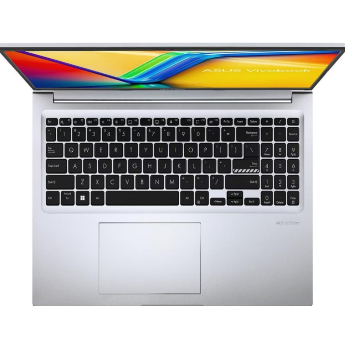 Silberner Asus Vivobook Laptop von oben mit schwarzer Tastatur und farbigem Display.