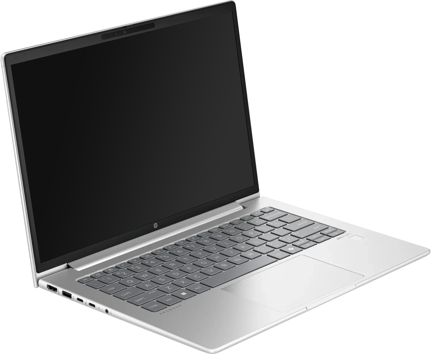 Ein silberner Laptop in schräger Ansicht vor weißem Hintergrund mit schwarzem Bildschirm und Tastatur.