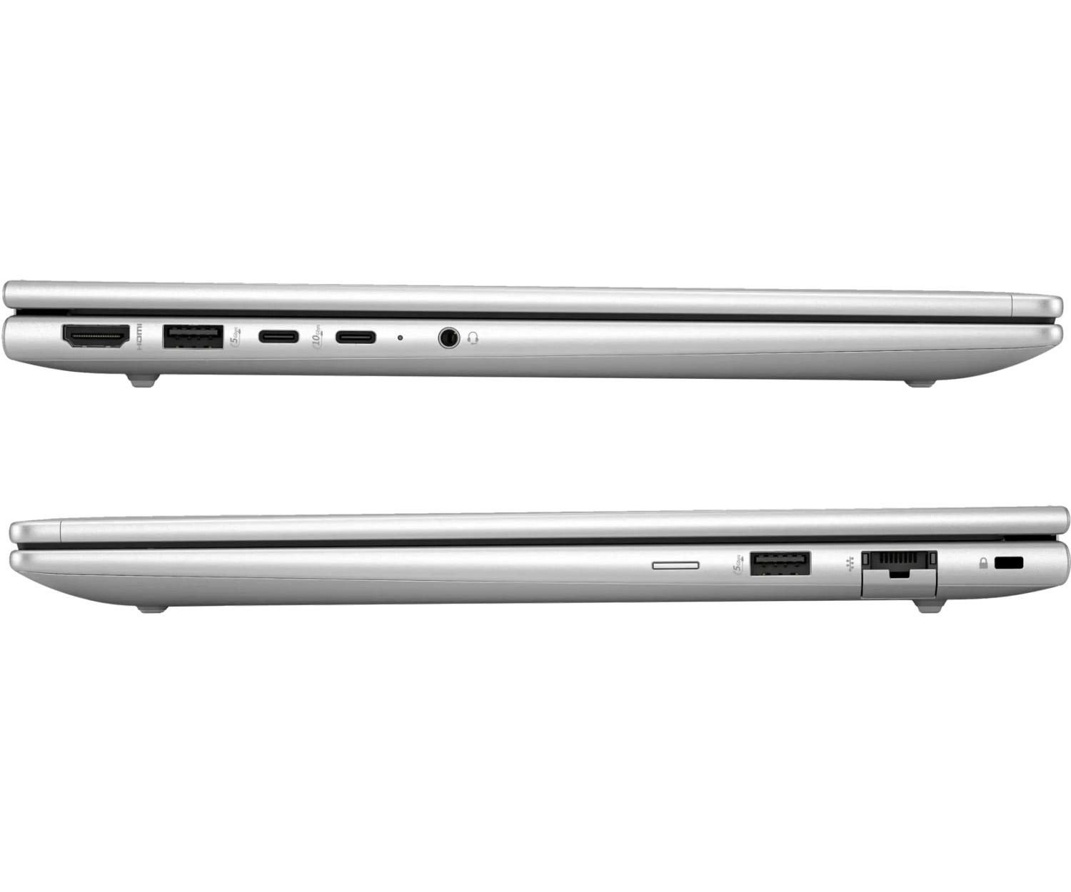 Seitenansichten eines silbernen Laptops zeigen verschiedene Anschlüsse wie HDMI, USB-C und Ethernet.