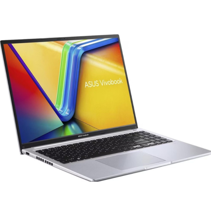 Ein offener silberner ASUS Vivobook Laptop mit schwarzer Tastatur und buntem abstraktem Hintergrundbild.