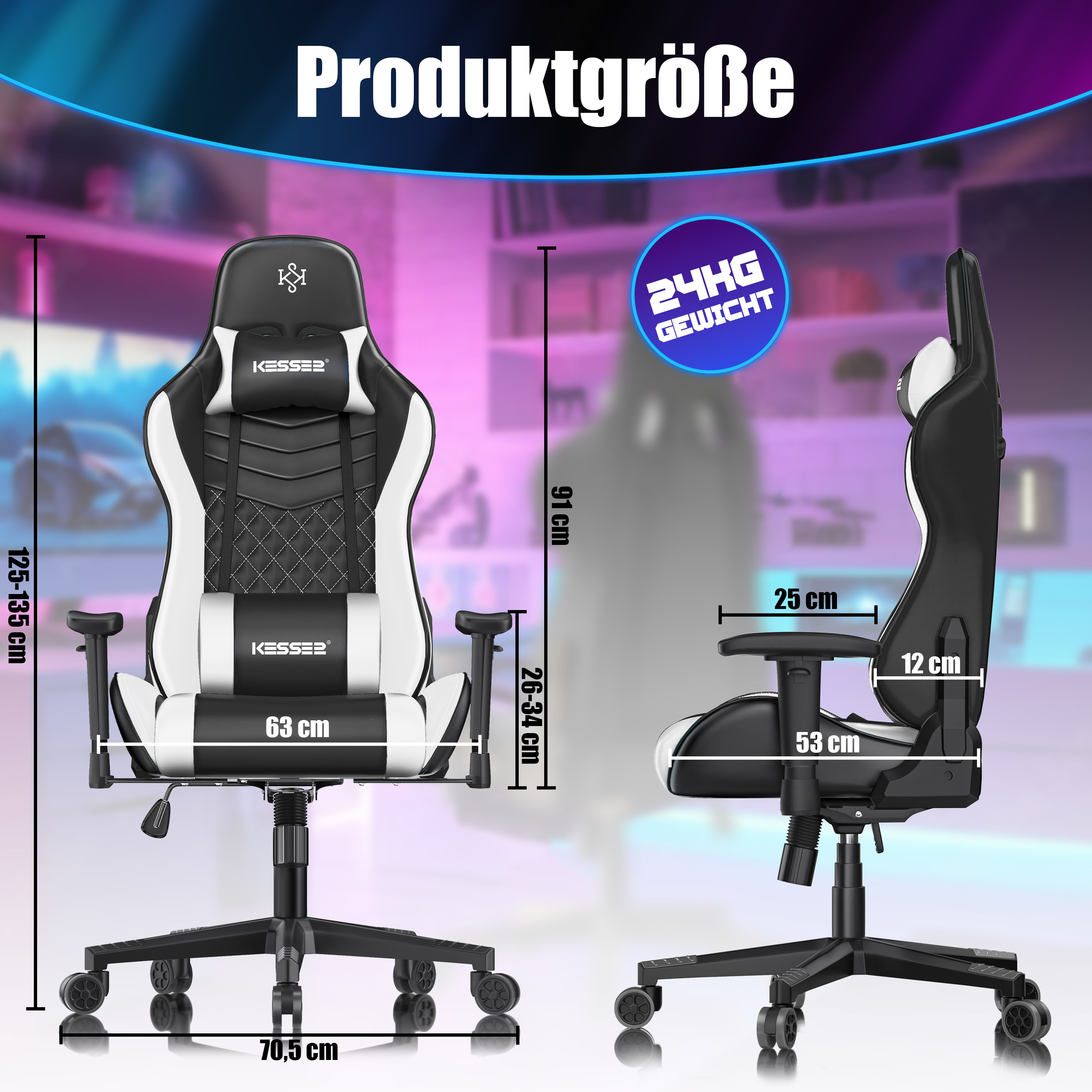 Schwarzer und weißer Kesser Gaming-Stuhl mit Maßangaben in einem beleuchteten Raum.
