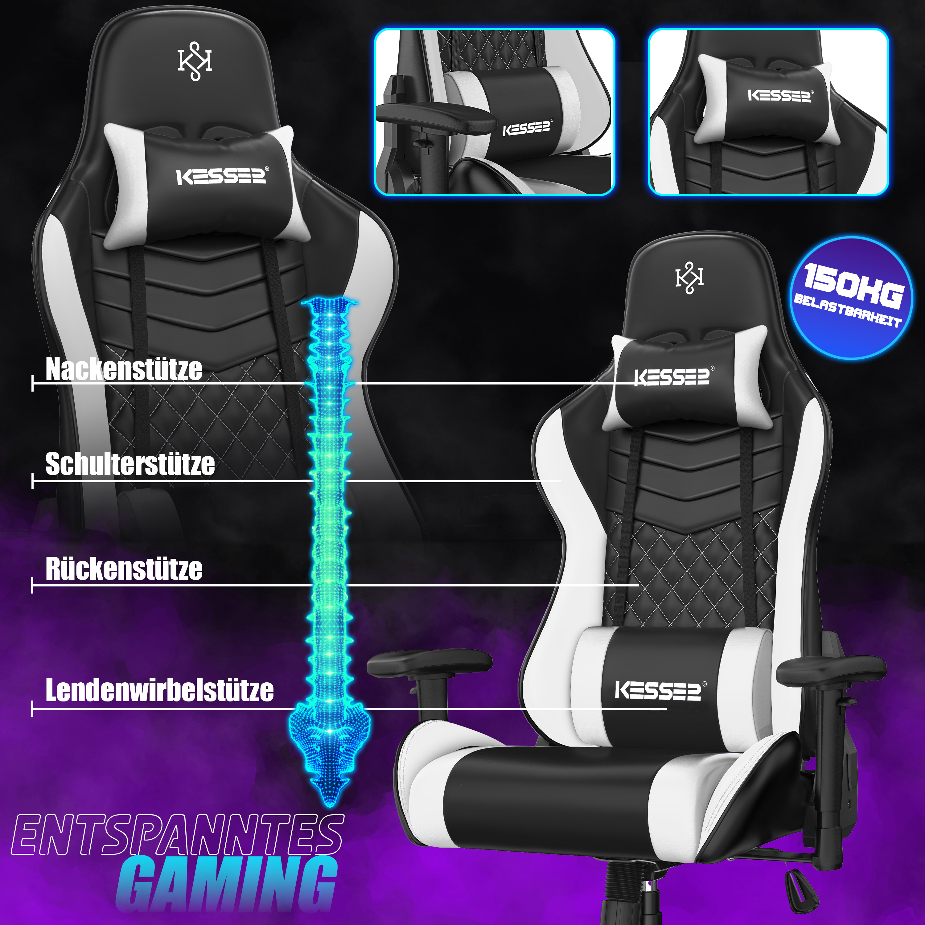 Ein schwarz-weißer Gaming-Stuhl mit Lenden- und Nackenkissen zeigt ergonomische Eigenschaften zur Wirbelsäulenstütze.