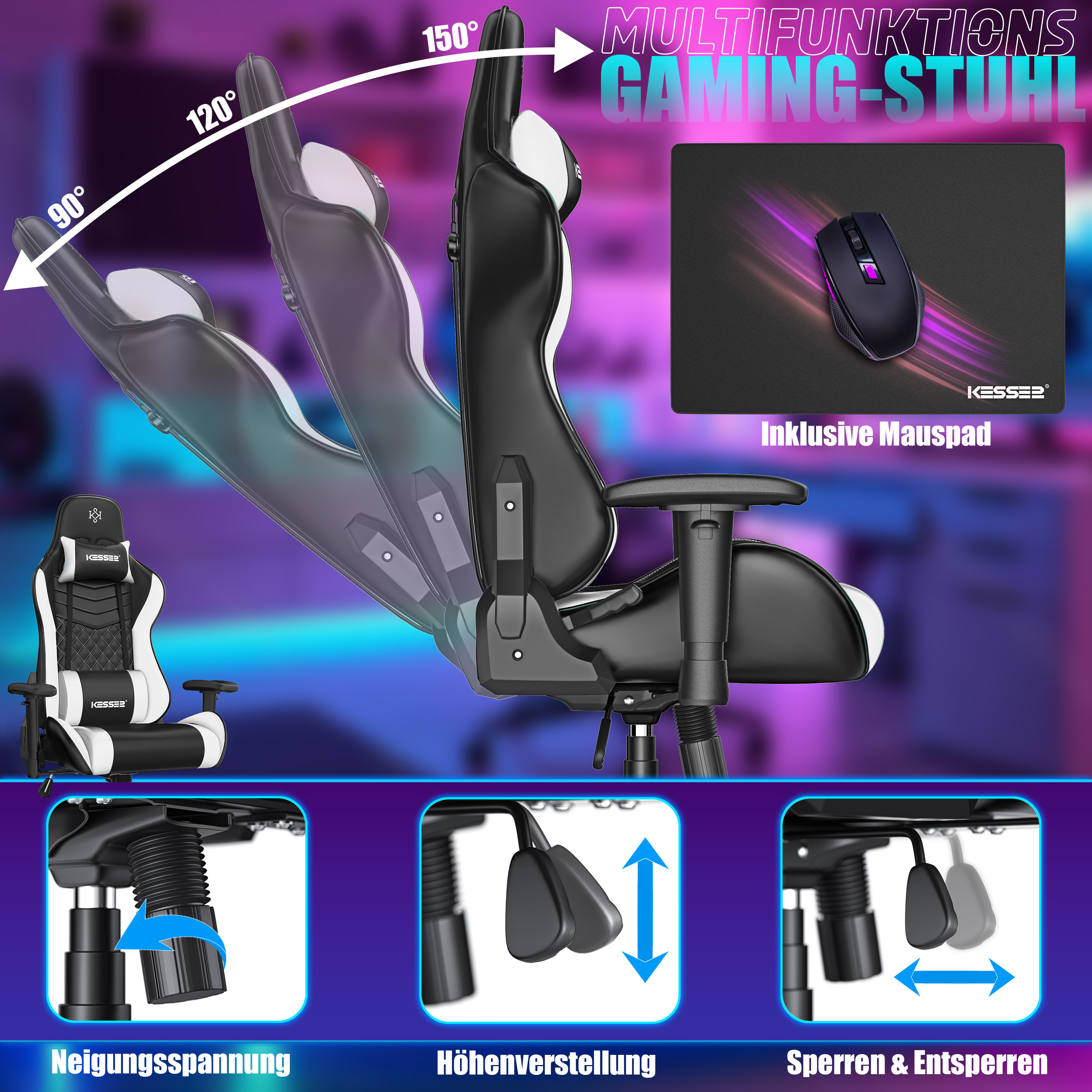 Schwarzer Gaming-Stuhl mit Recliner-Funktion, inklusive Mauspad und Einstellhebeln.