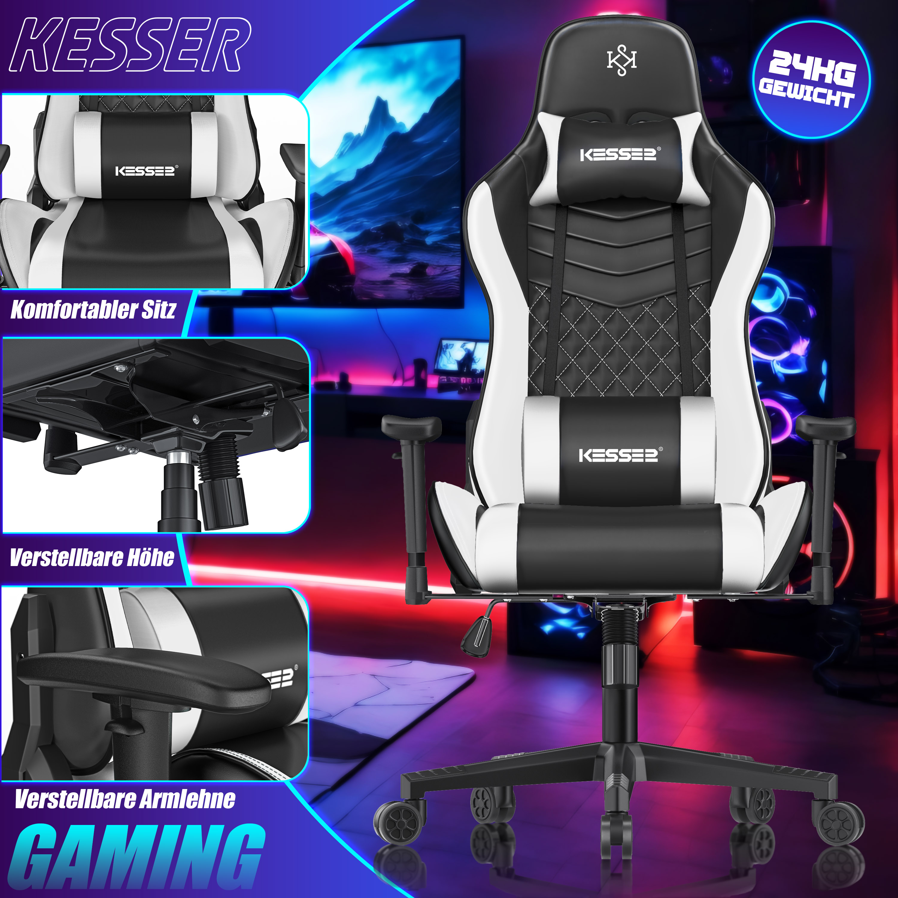 Schwarzer und weißer Kesser Gaming-Stuhl mit Kissen und verstellbaren Elementen vor Gaming-Hintergrund.