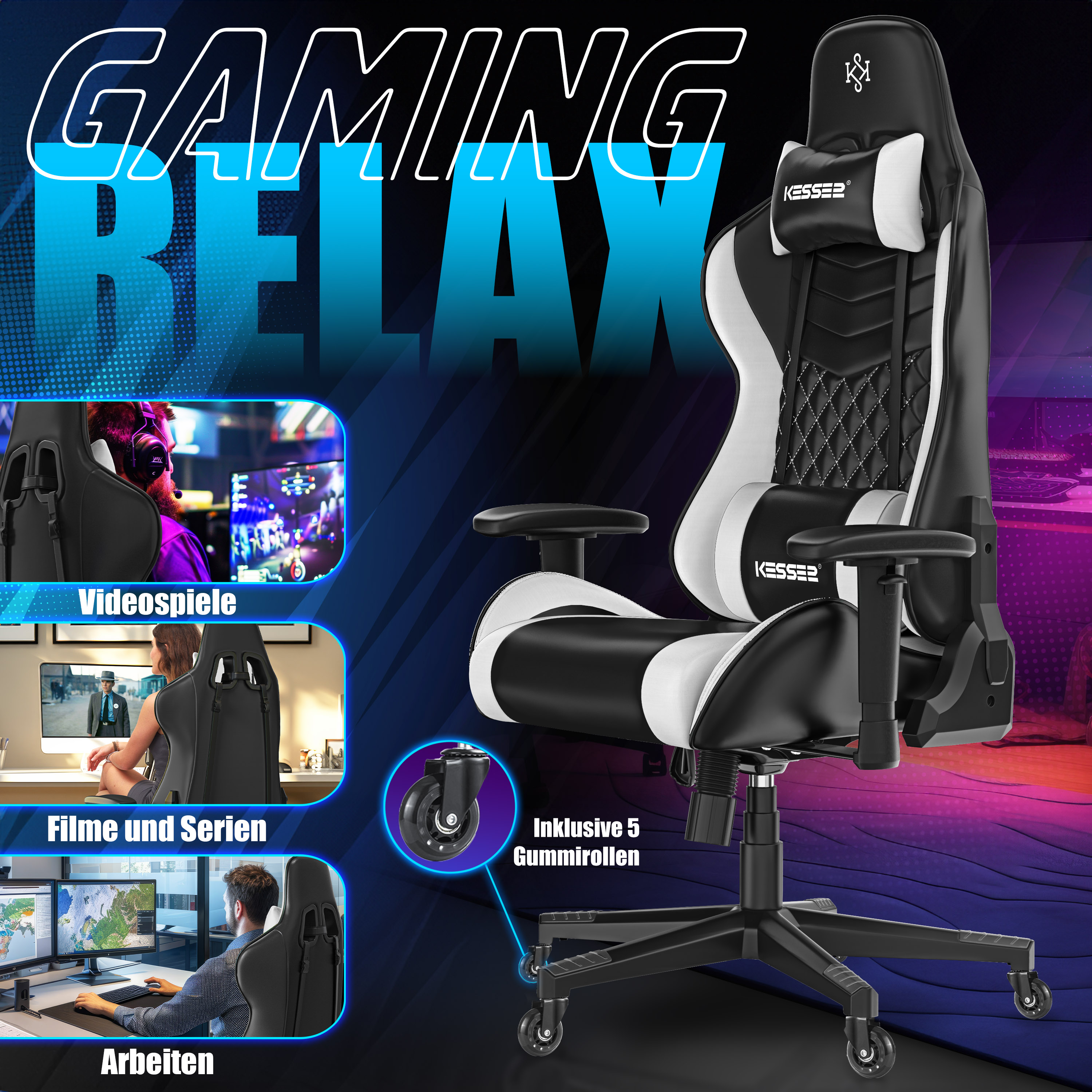 Schwarzer und weißer Kesser Gaming-Stuhl vor blauem Hintergrund mit Insets für Gaming, Filme und Arbeiten.