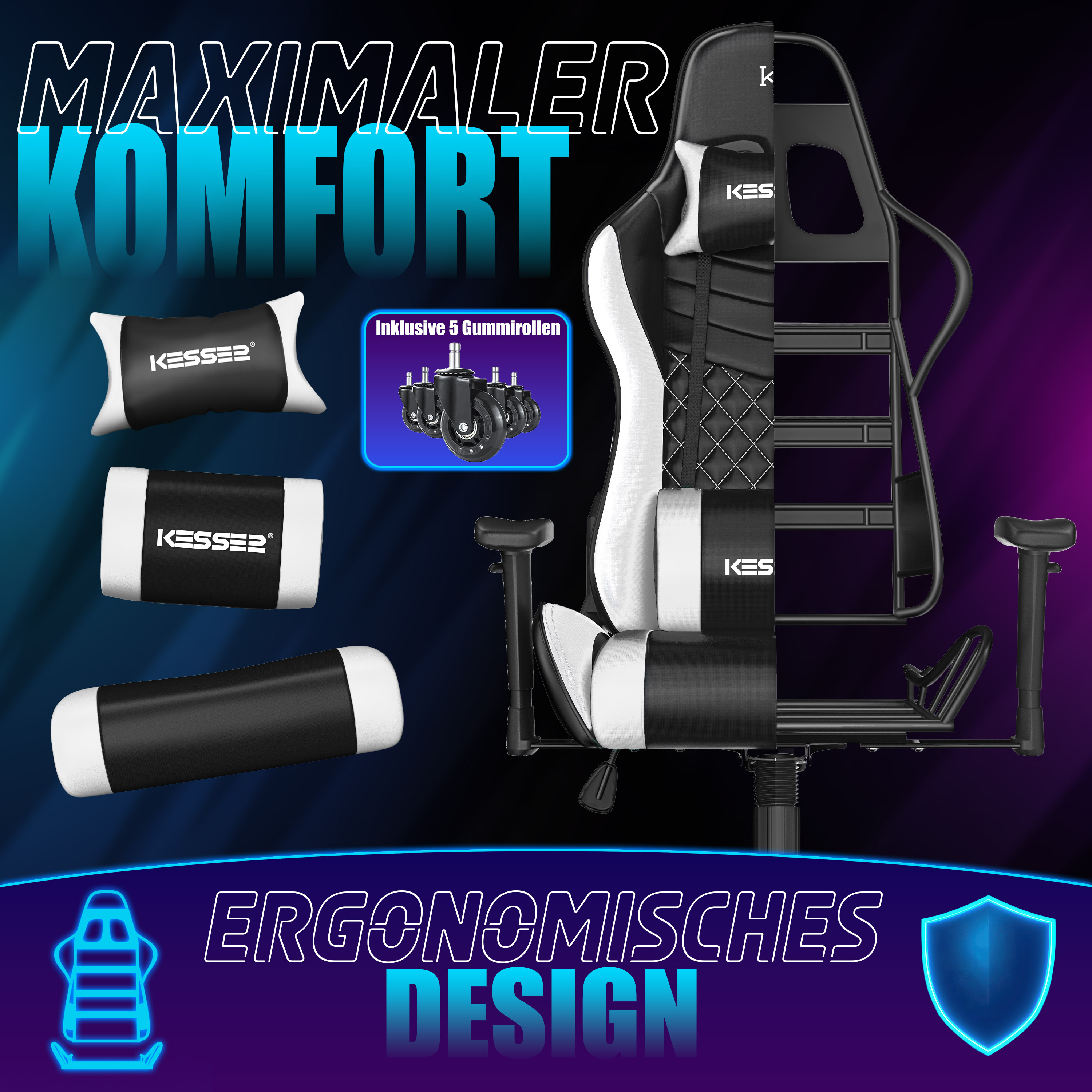 Ein schwarz-weißer Gaming-Stuhl mit Kissen, Rollen und der Aufschrift Maximaler Komfort und Ergonomisches Design.