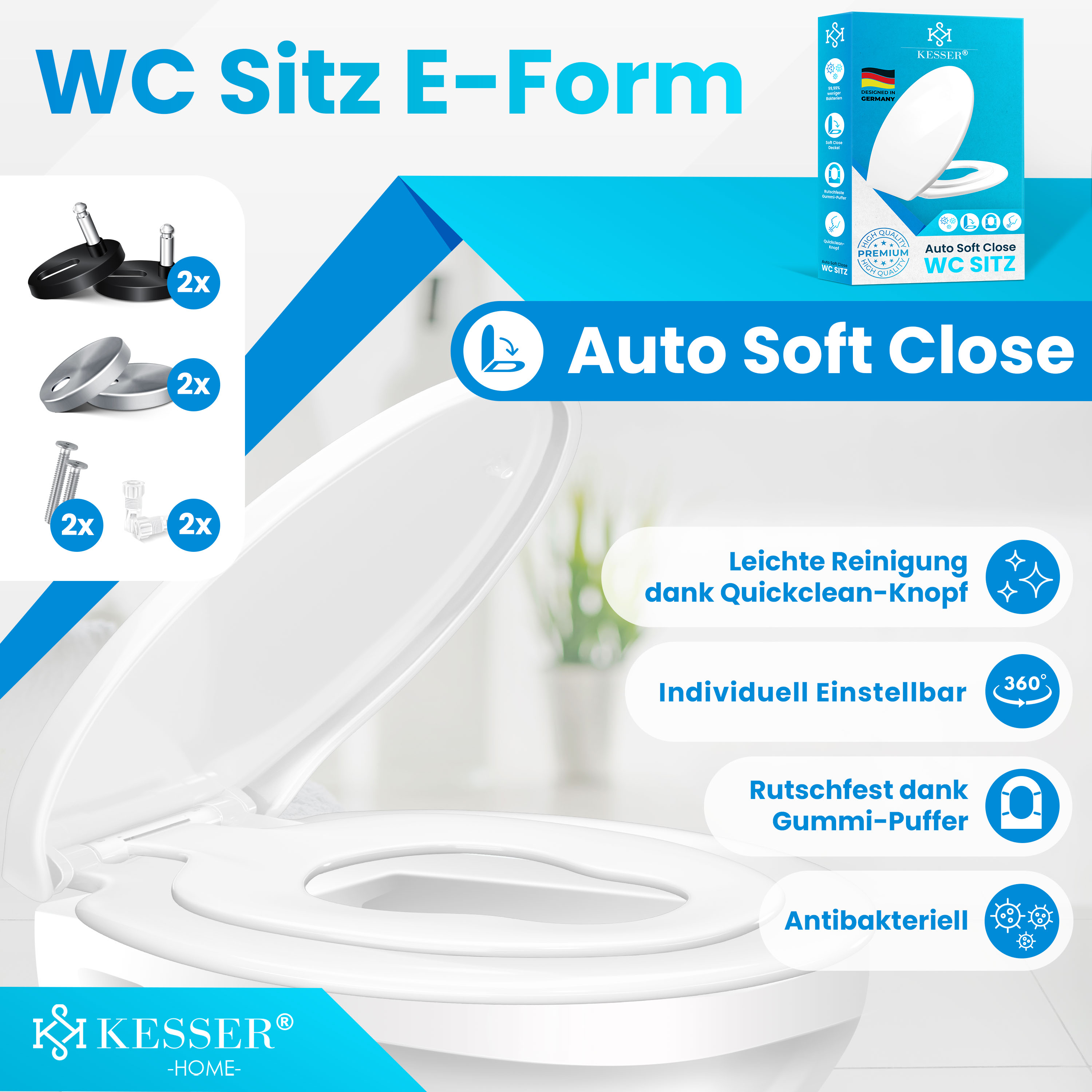 Kesser WC-Sitz mit Absenkautomatik, Installationszubehör und Produktfeatures wie antibakteriell und leicht zu reinigen.