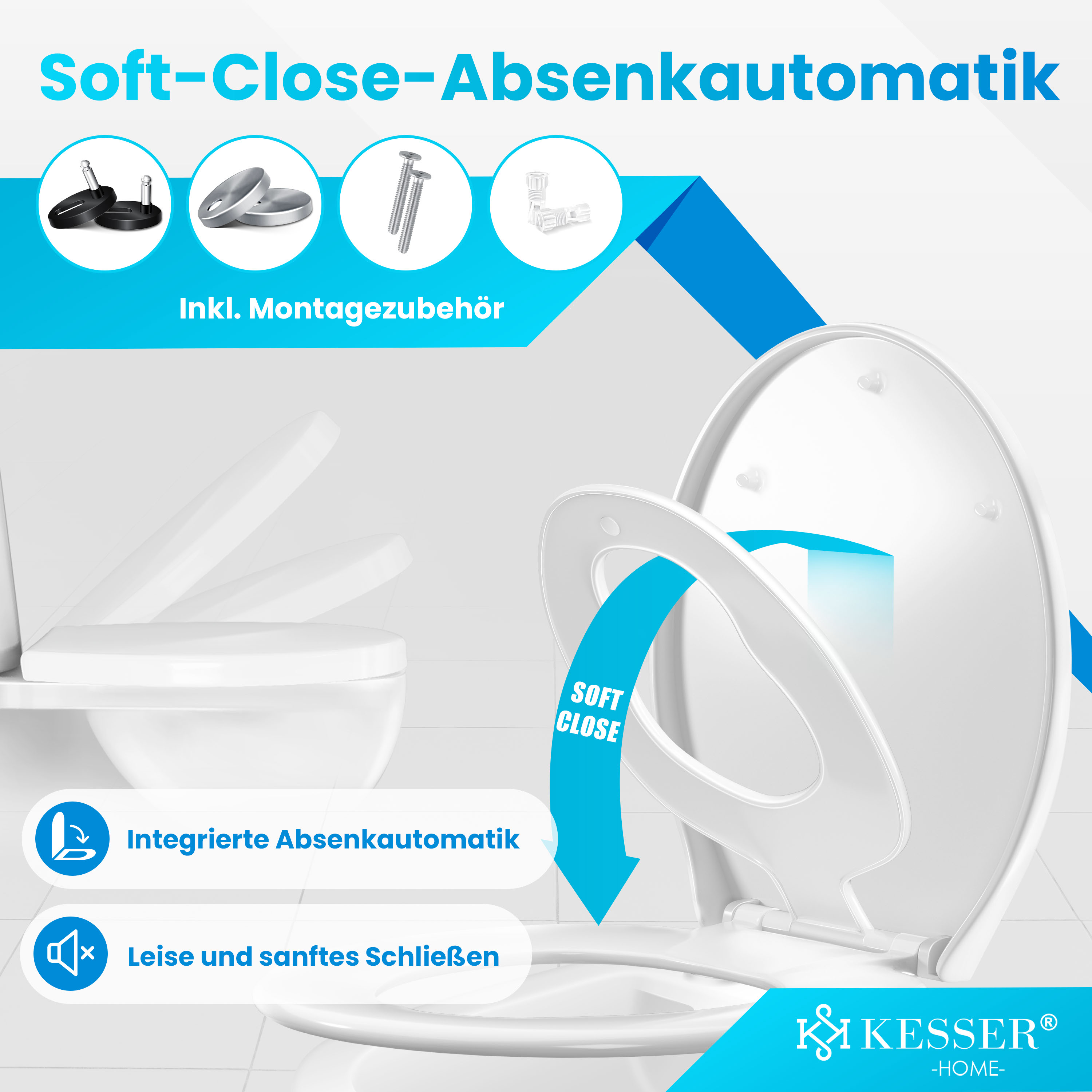 Eine Werbung für einen WC-Sitz mit Absenkautomatik, Montagezubehör und Text.