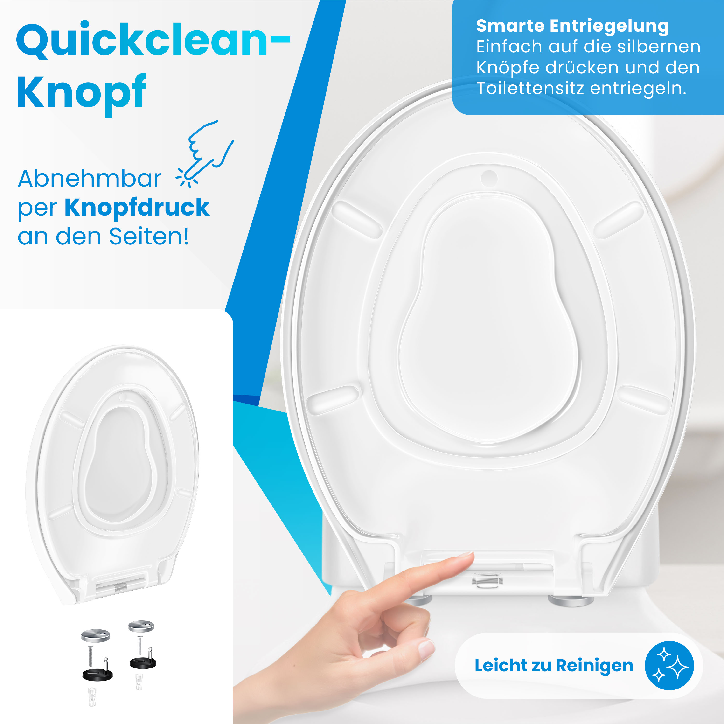 Ein weißer Toilettensitz mit Schnellverschlussknopf zum einfachen Abnehmen und Reinigen.