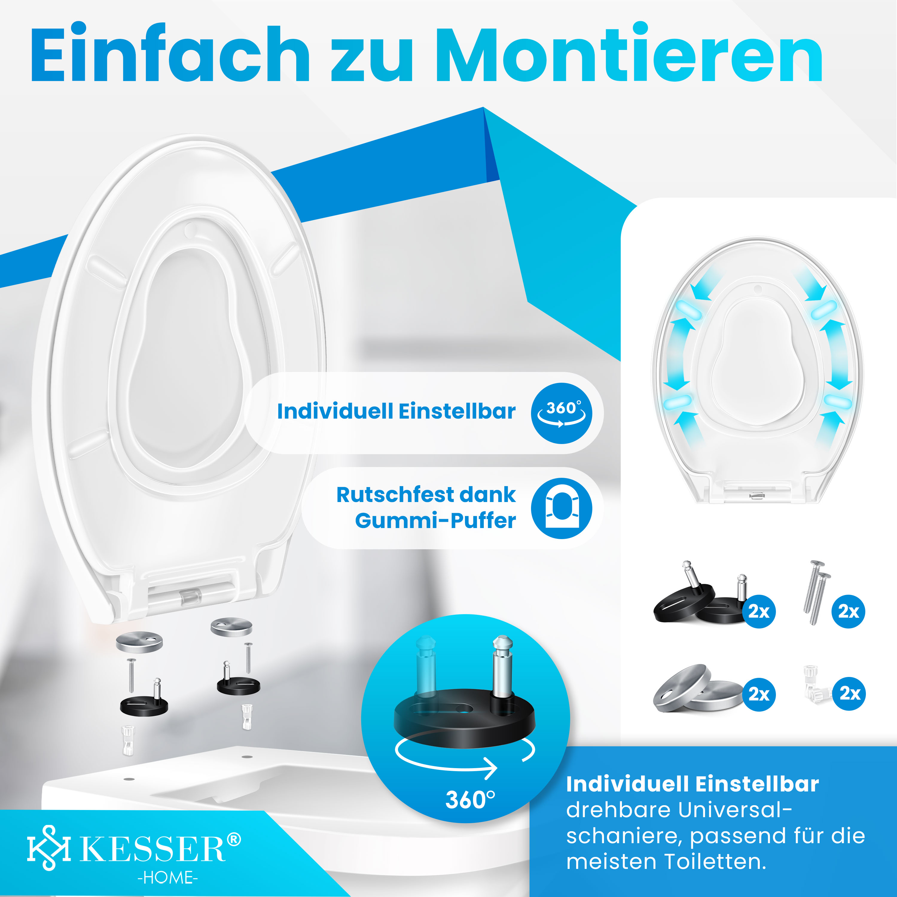 Produktwerbung für einen einfach zu montierenden Toilettensitz mit 360-Grad verstellbaren Scharnieren von Kesser.