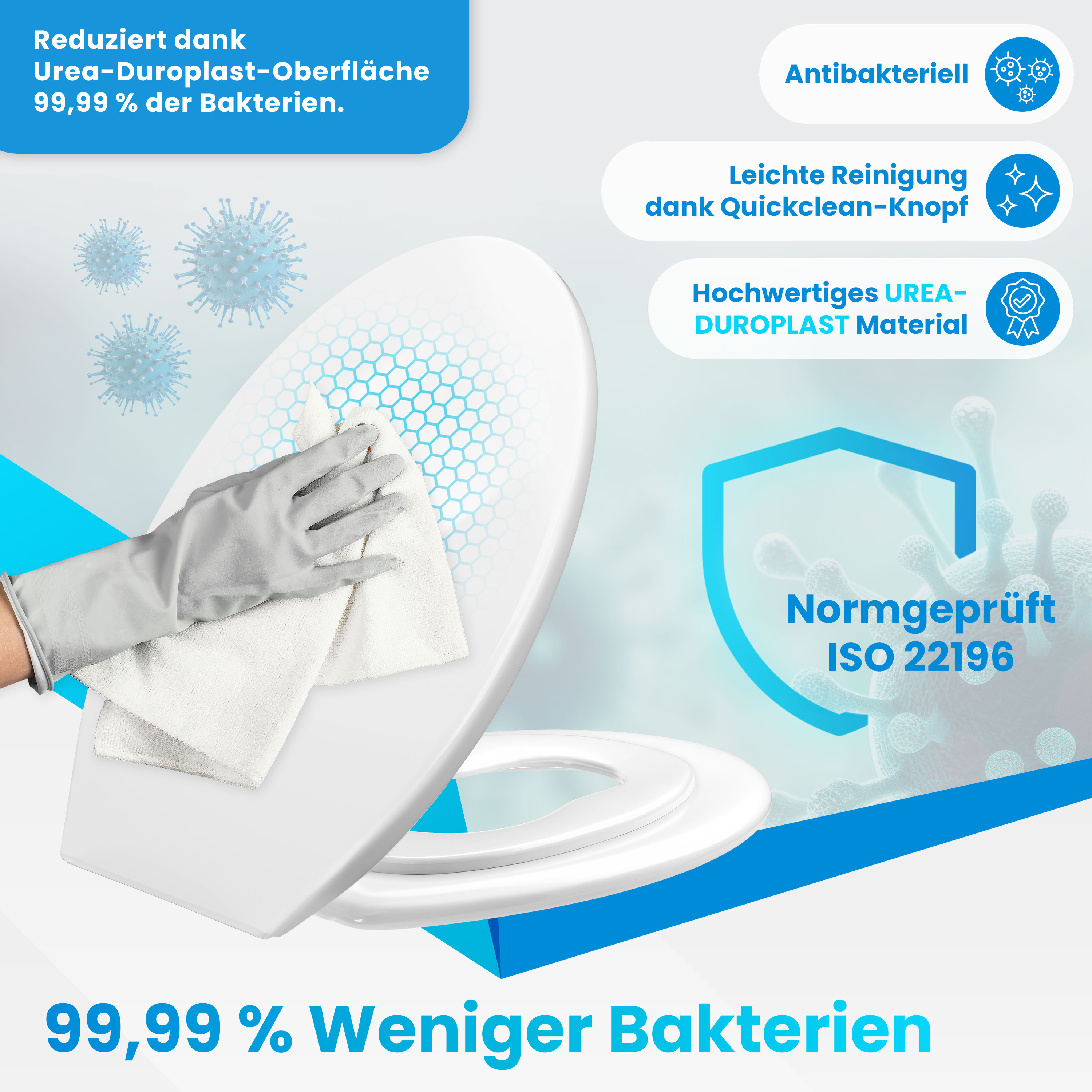 Hand in Handschuh wischt weißen Toilettensitz mit 99,99% weniger Bakterien.