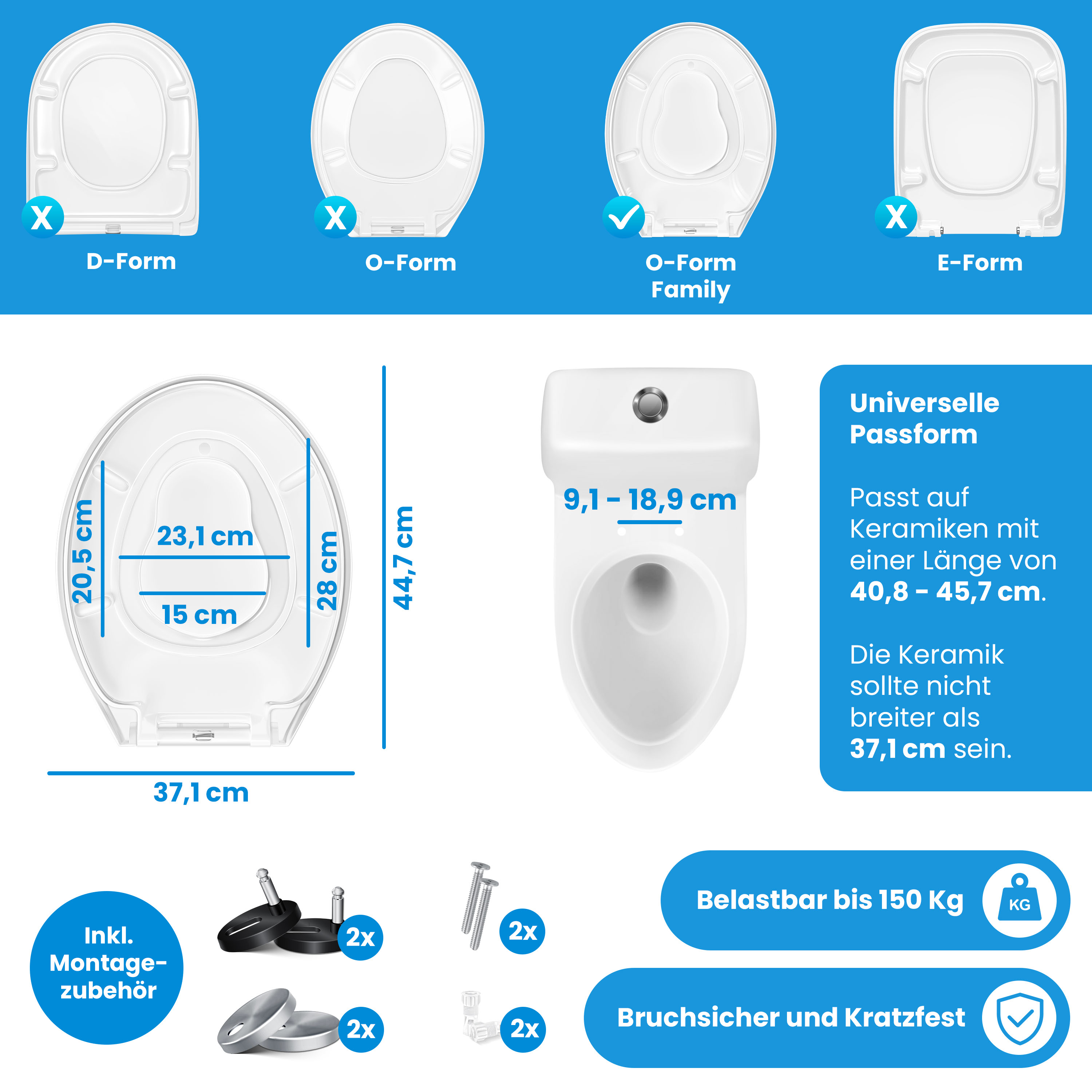 Technische Zeichnung und Maße verschiedener weißer Toilettensitze mit Montagezubehör auf blauem Hintergrund.