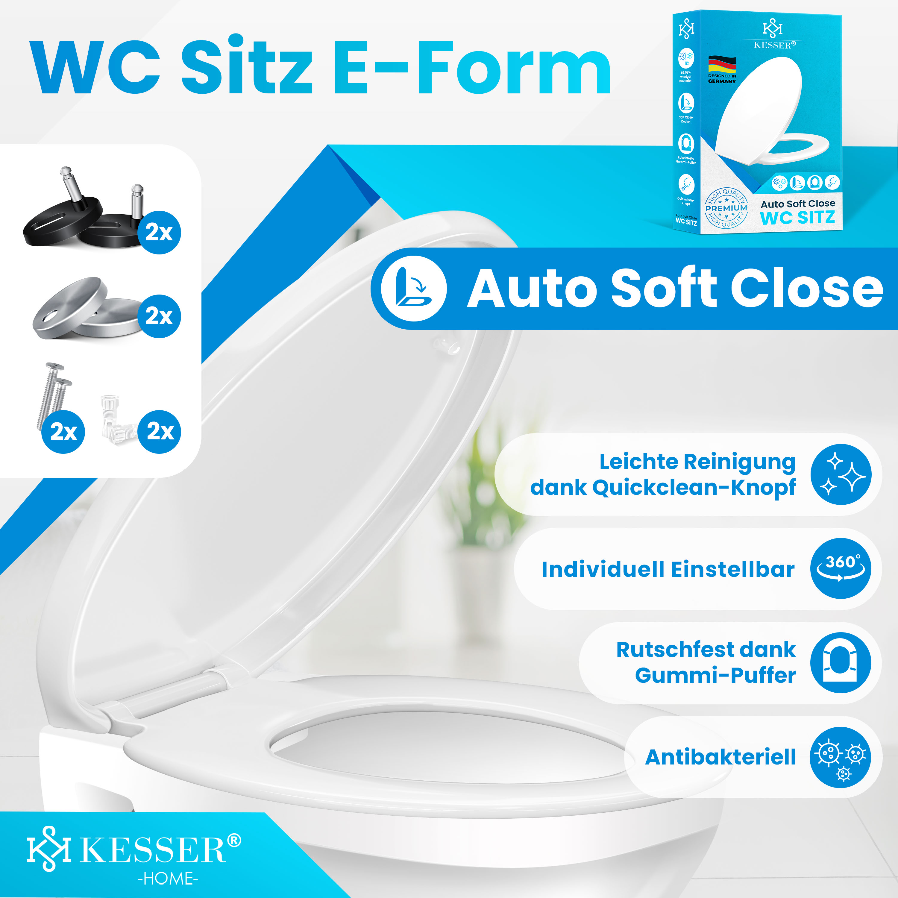 Produktwerbung für einen weißen Kesser WC-Sitz mit Absenkautomatik und Montagezubehör.