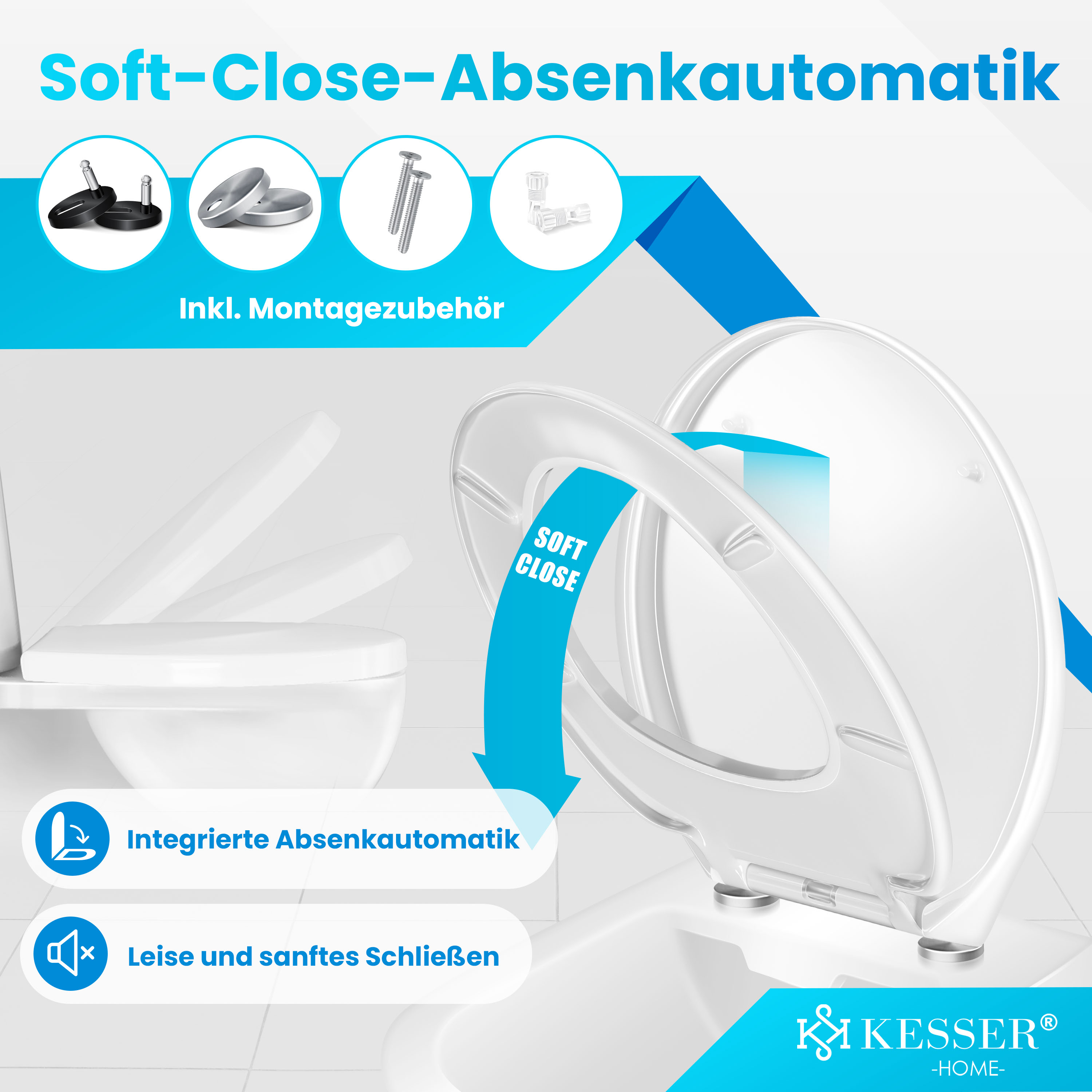 Toilettensitz mit Absenkautomatik, Montagematerial und leiser Schließfunktion.