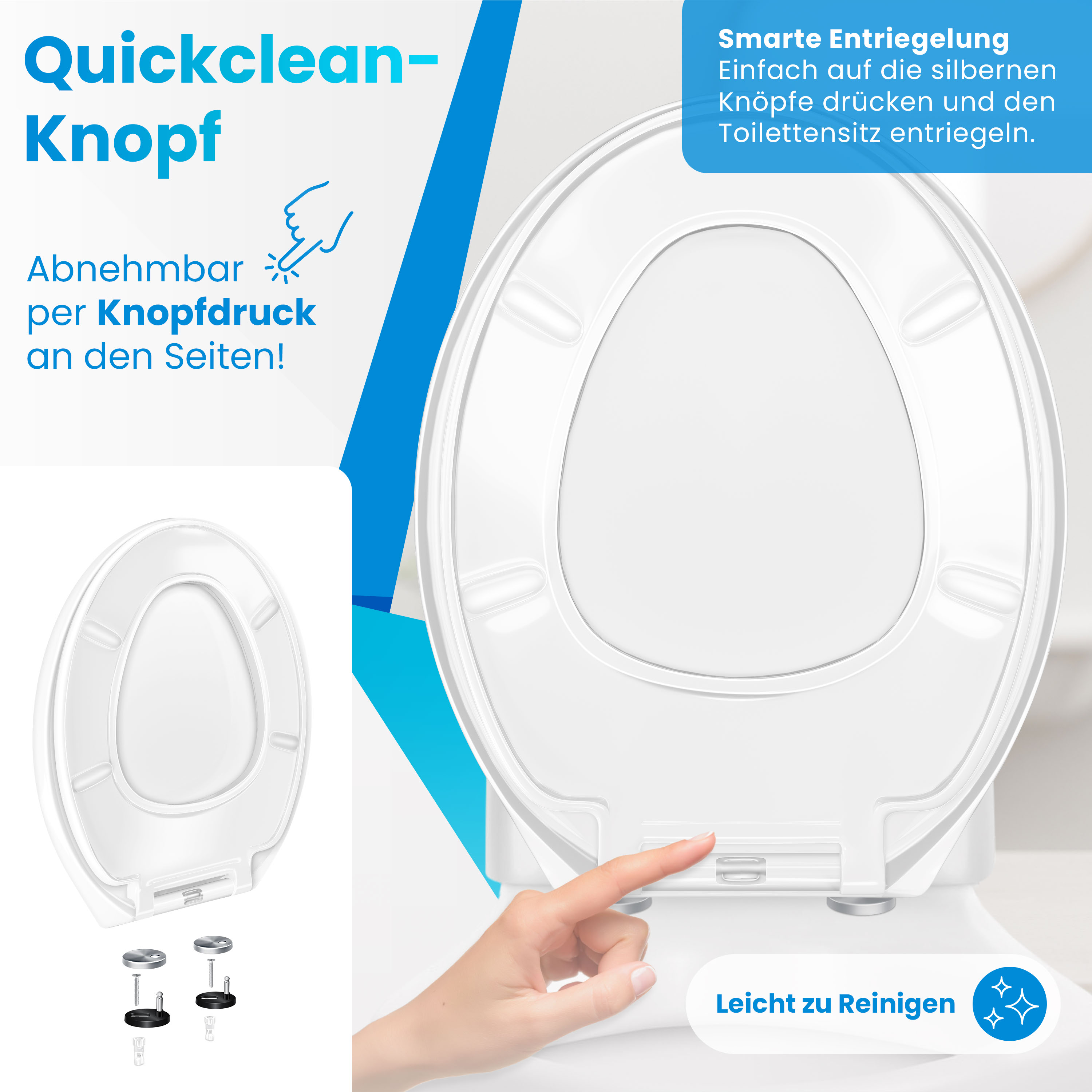Ein Finger drückt auf den Knöpf einer weißen Toilettenbrille, um sie abzunehmen, mit Textgrafiken.