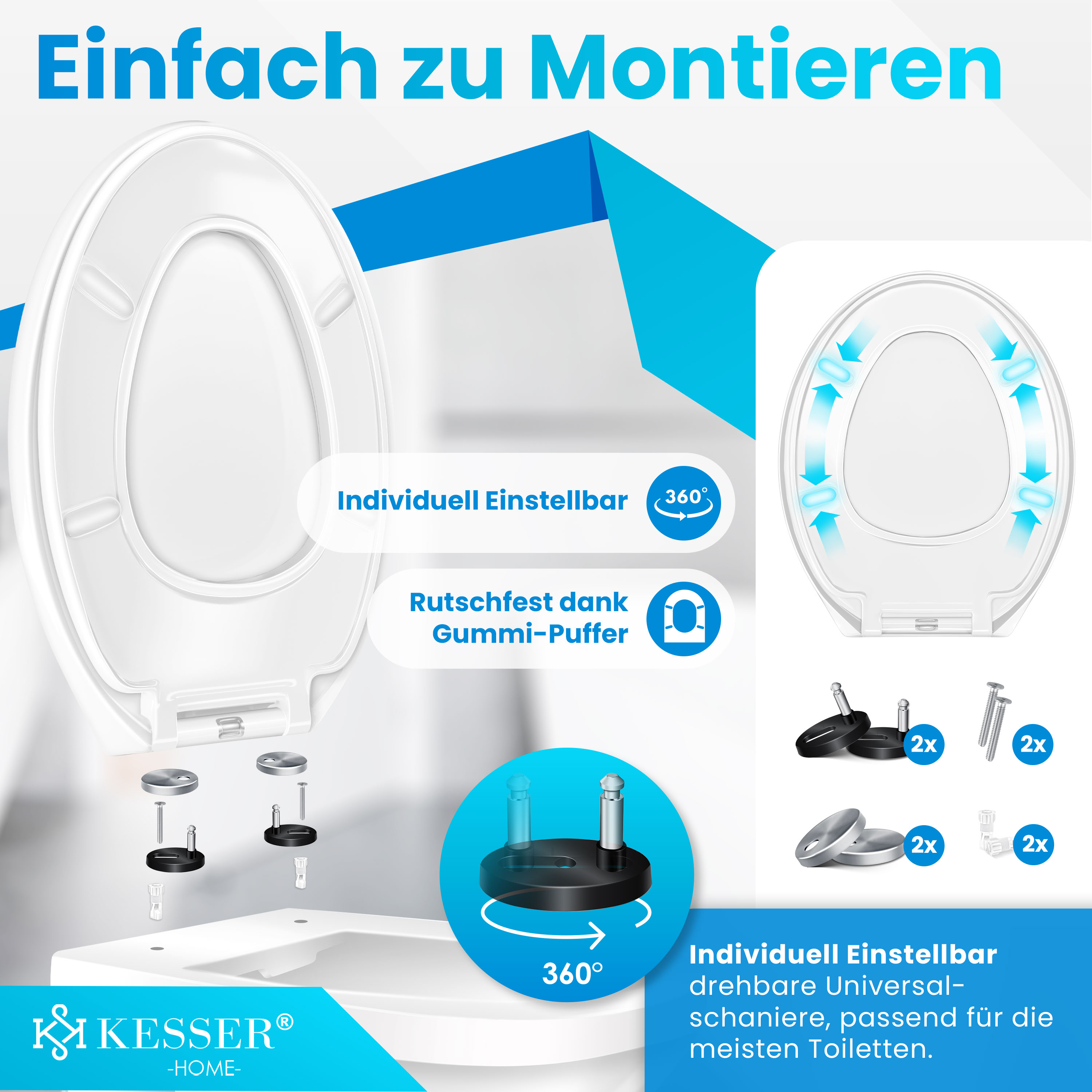 Produktwerbung für KESSER WC-Sitz mit 360 Grad verstellbaren Scharnieren und rutschfesten Gummipuffern.