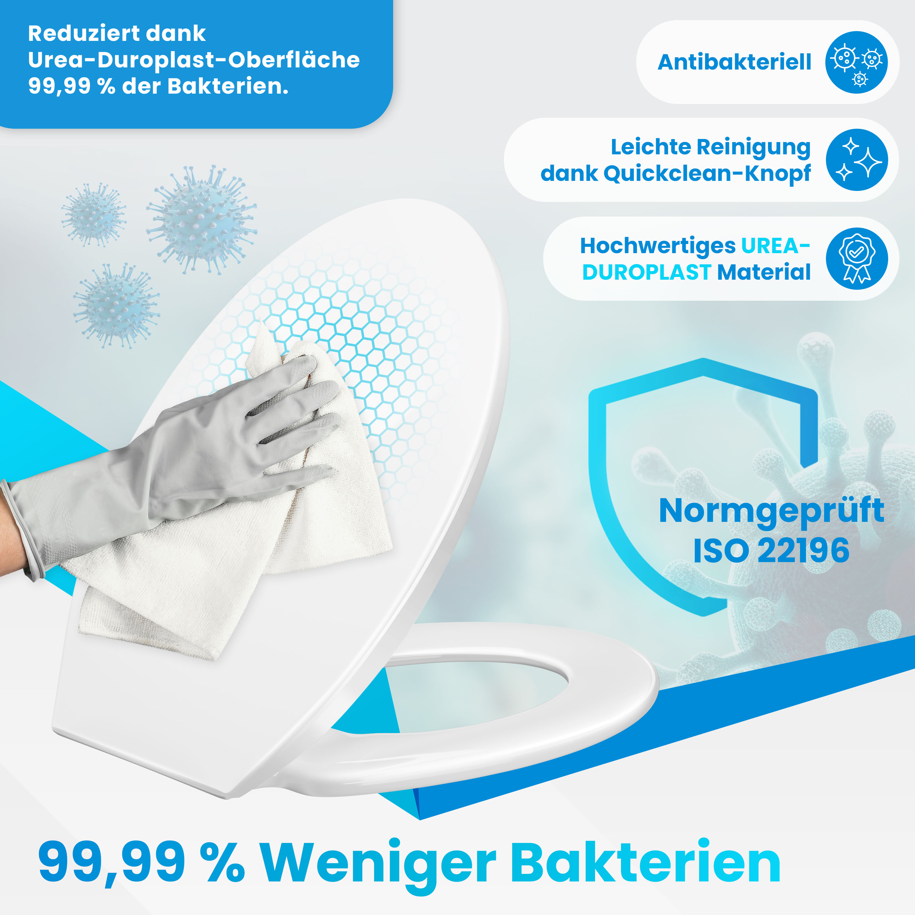 Eine behandschuhte Hand wischt einen weißen WC-Sitz, umgeben von Bakteriengrafiken und Produktmerkmalen.