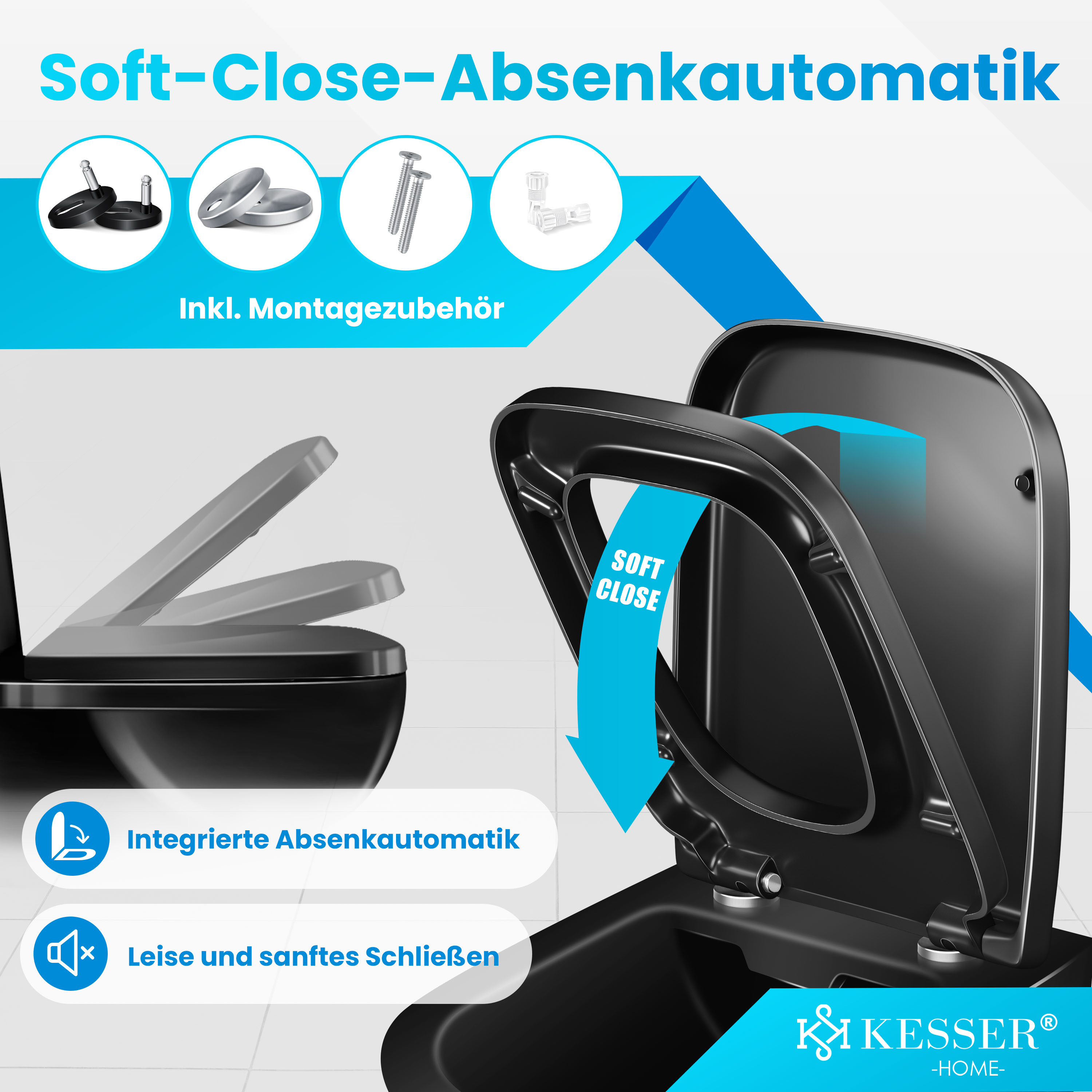 Kesser-Toilettensitz mit Soft-Close-Absenkautomatik, inklusive Montagematerial und leiser Schließfunktion.