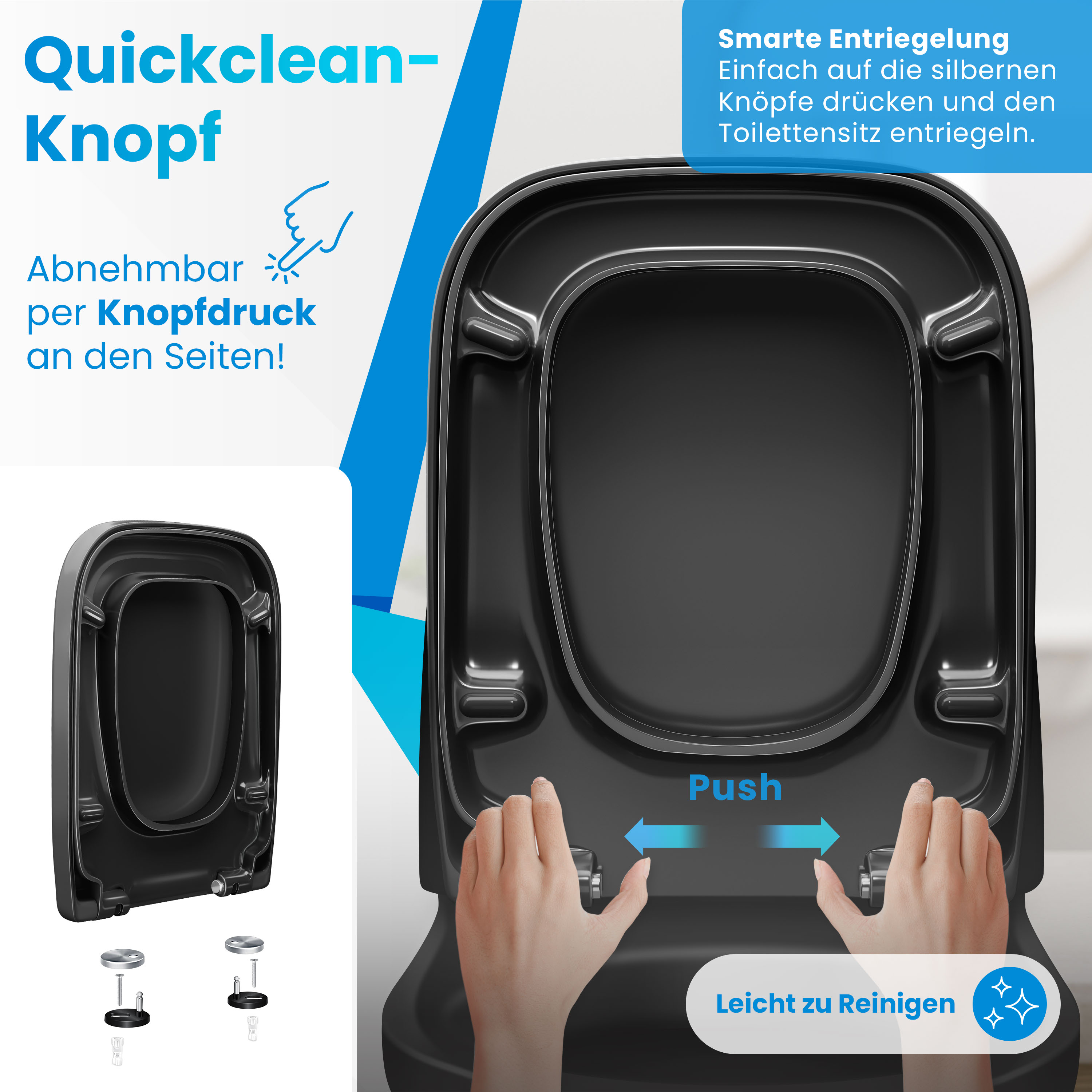 Diagramm zeigt die einfache Knopfdruck-Entriegelung eines schwarzen Toilettensitzes zur schnellen Reinigung.
