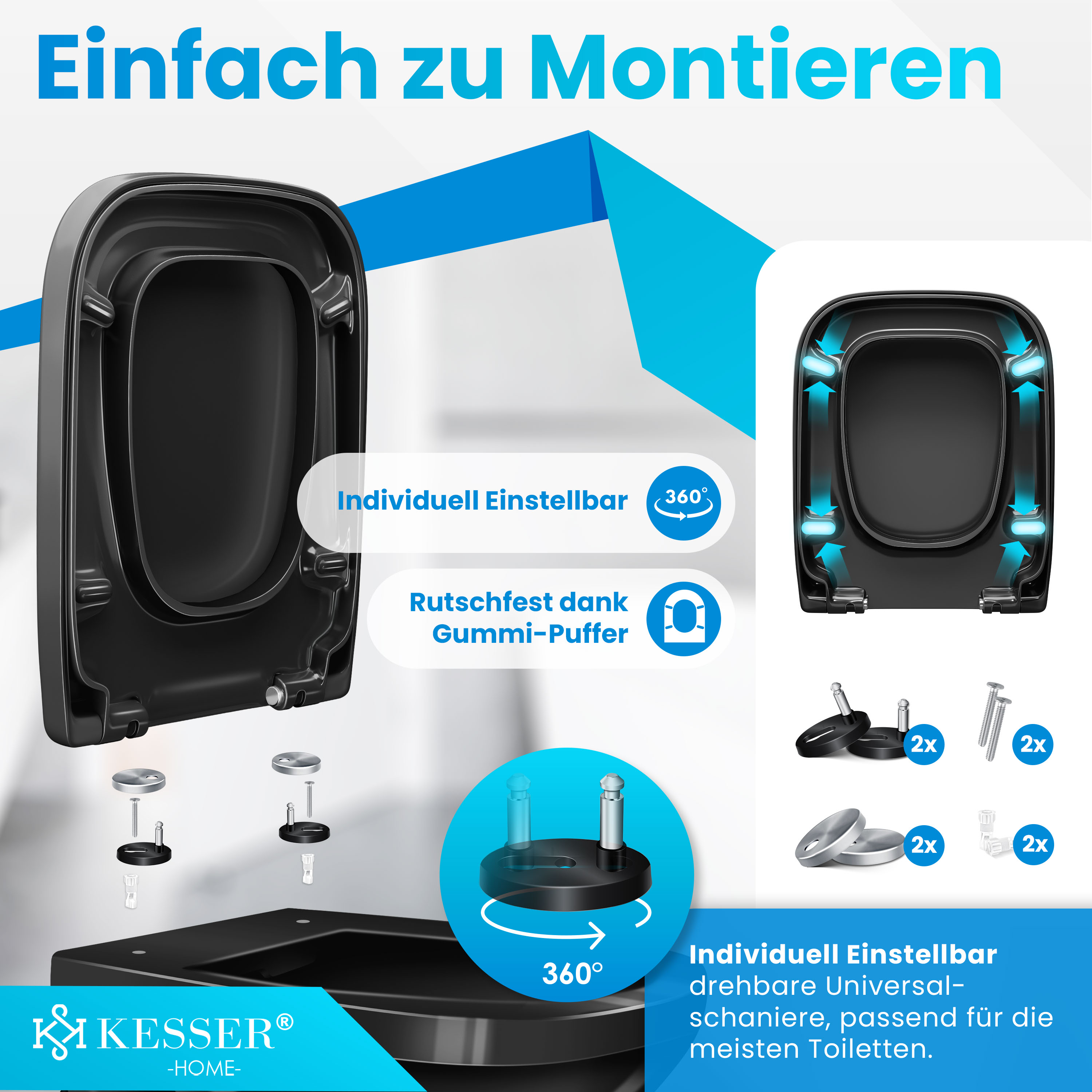 Schwarzer Toilettensitz mit 360 Grad drehbaren Scharnieren und Montagematerial vor blau-weißem Hintergrund.
