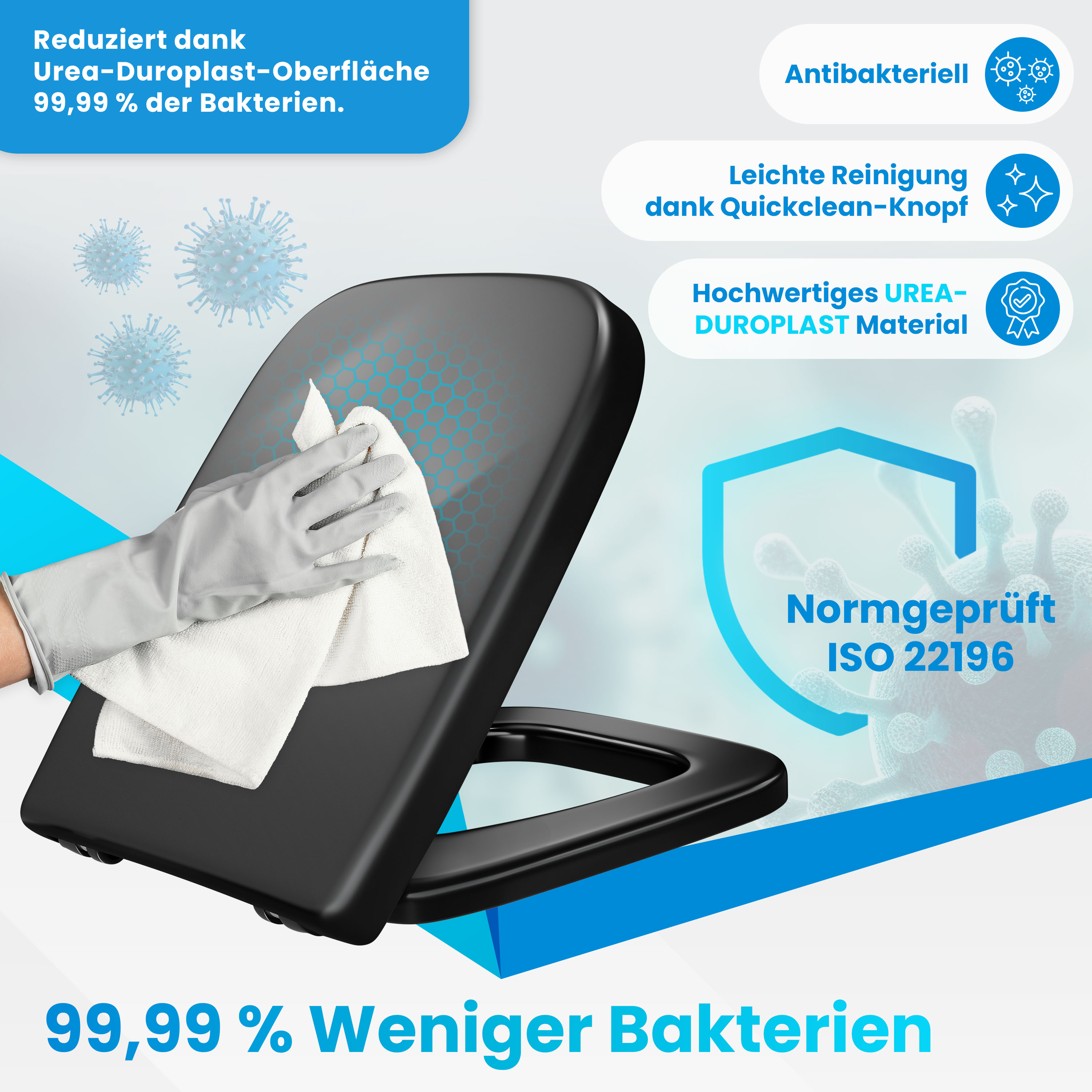 Hand in Handschuh wischt schwarzen Toilettensitz ab, mit Texten über antibakterielle Eigenschaften.