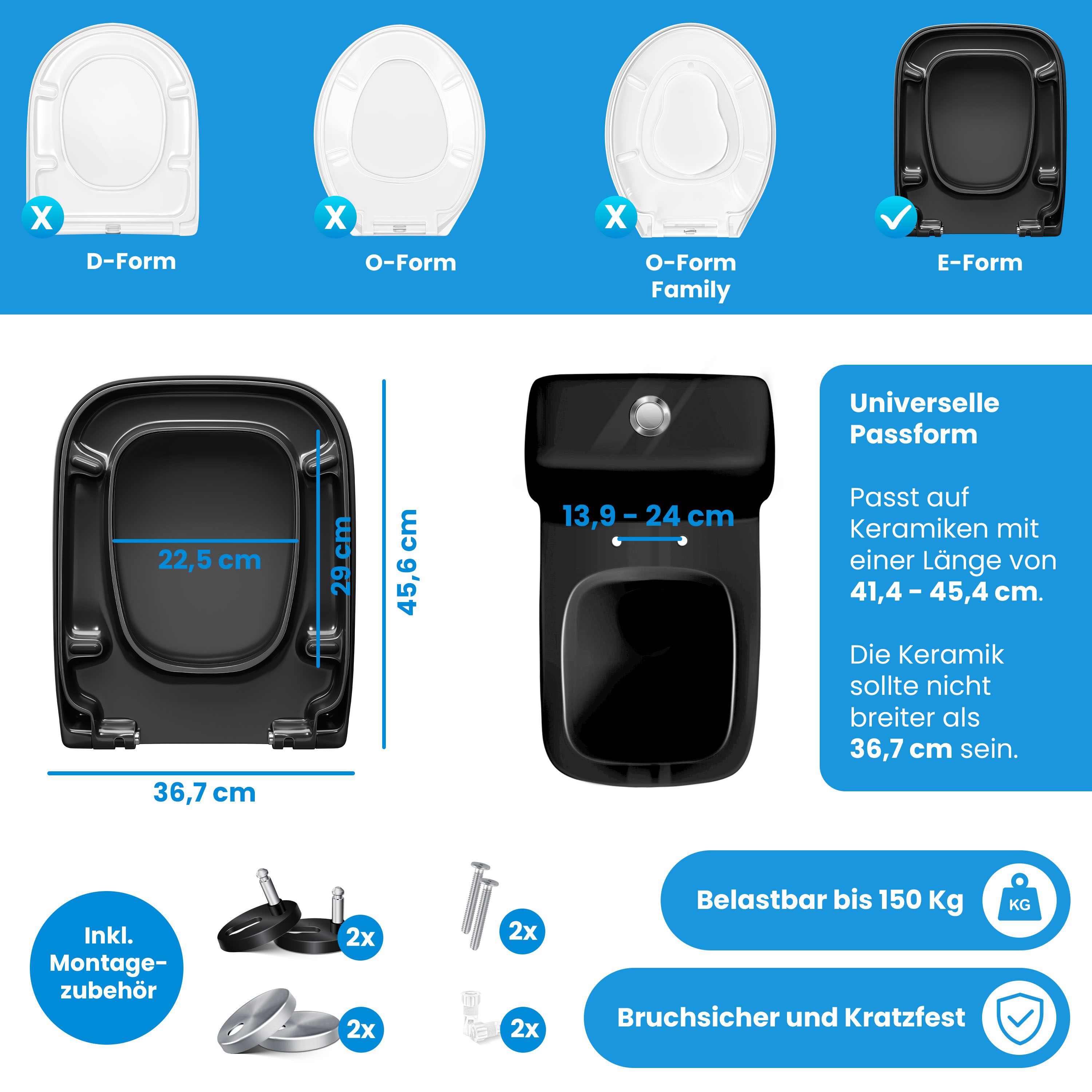 Infografik mit schwarzen Toilettensitz-Formen, Maßen, Montagezubehör und Spezifikationen auf blauem Hintergrund.