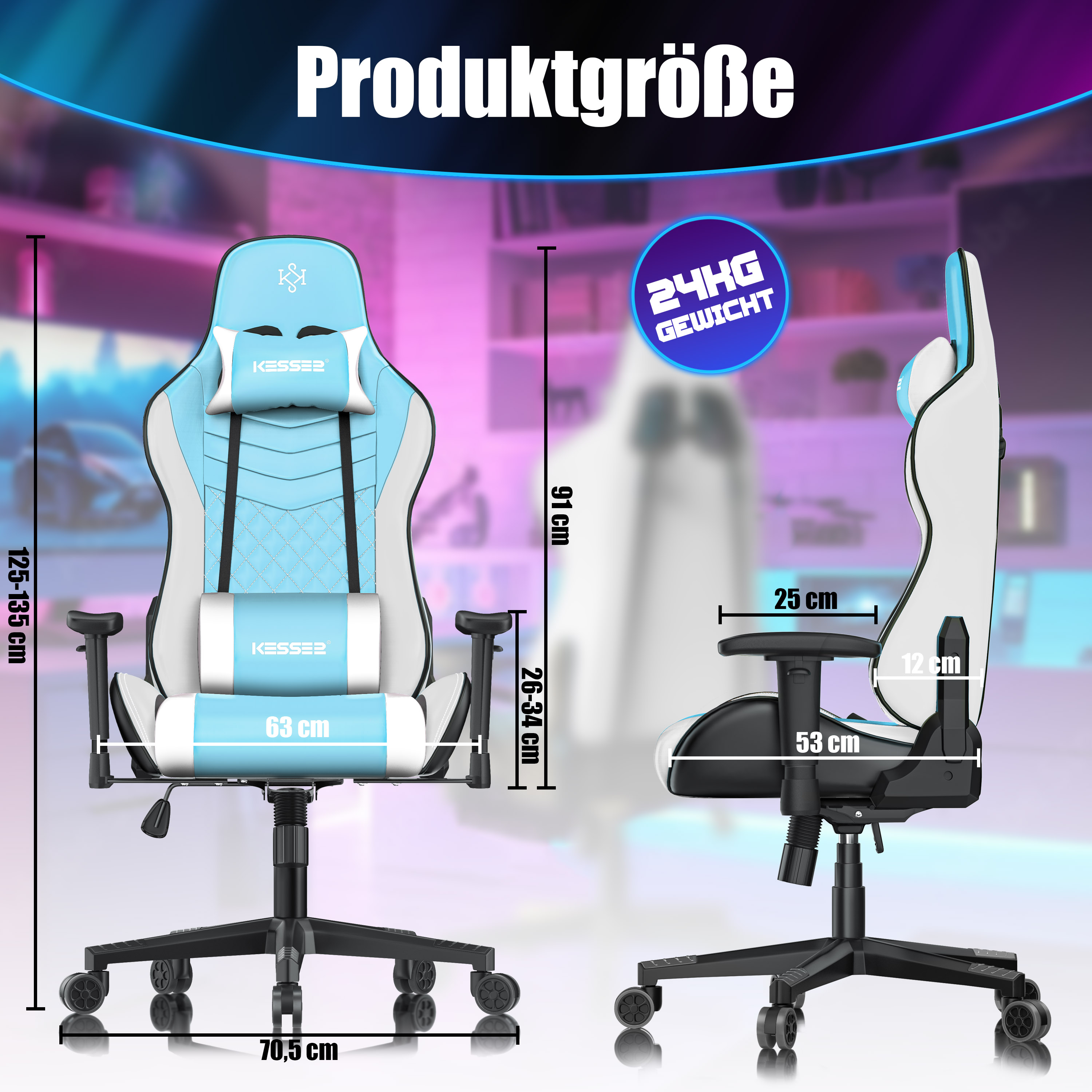 Diagramm der Produktgröße eines blauen und weißen Gaming-Stuhls mit Maßen in Zentimetern und Gewichtsangabe.