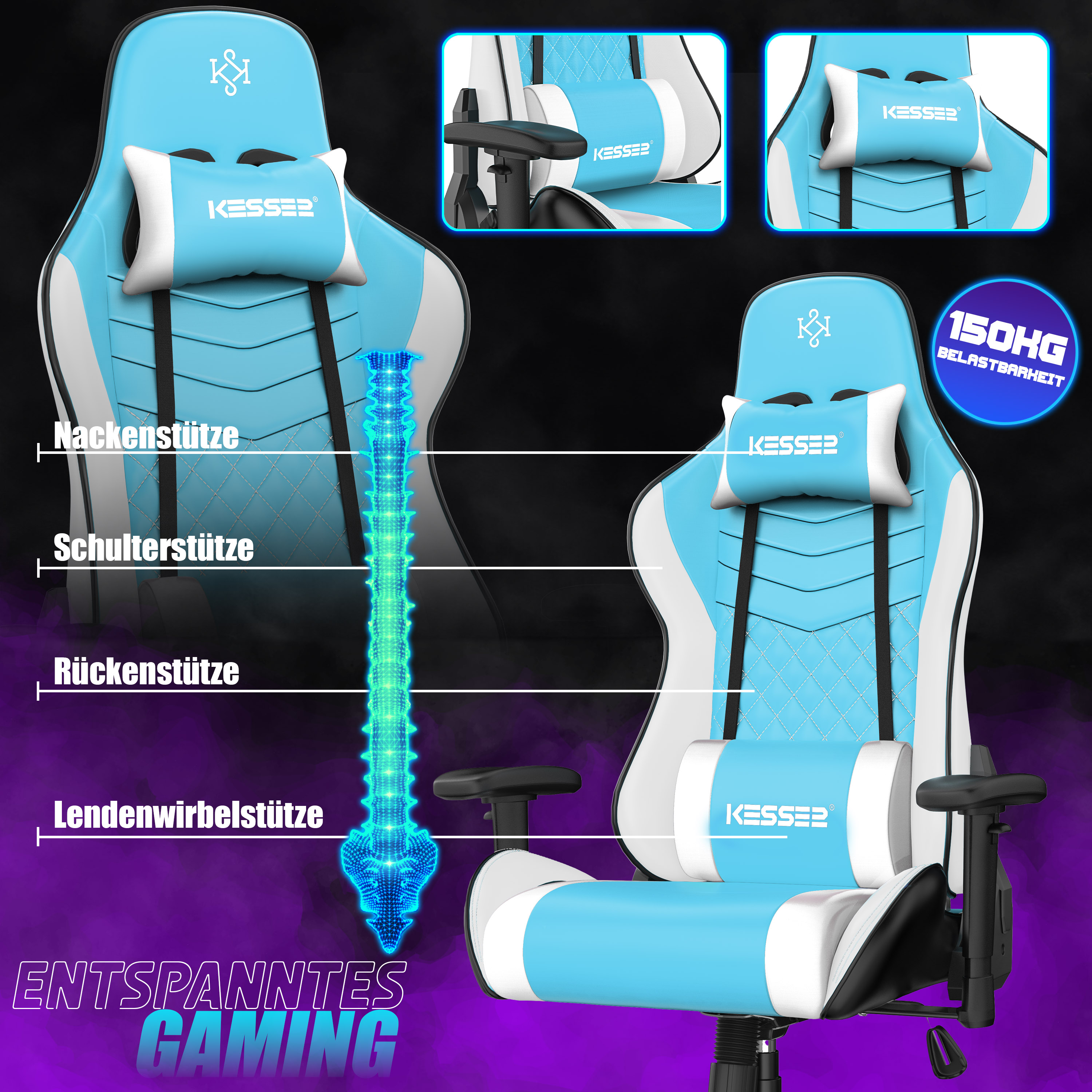 Ein blauer und weißer Kesser Gaming-Stuhl mit Kissen für Nacken und Lendenwirbel sowie ergonomischen Diagrammen.