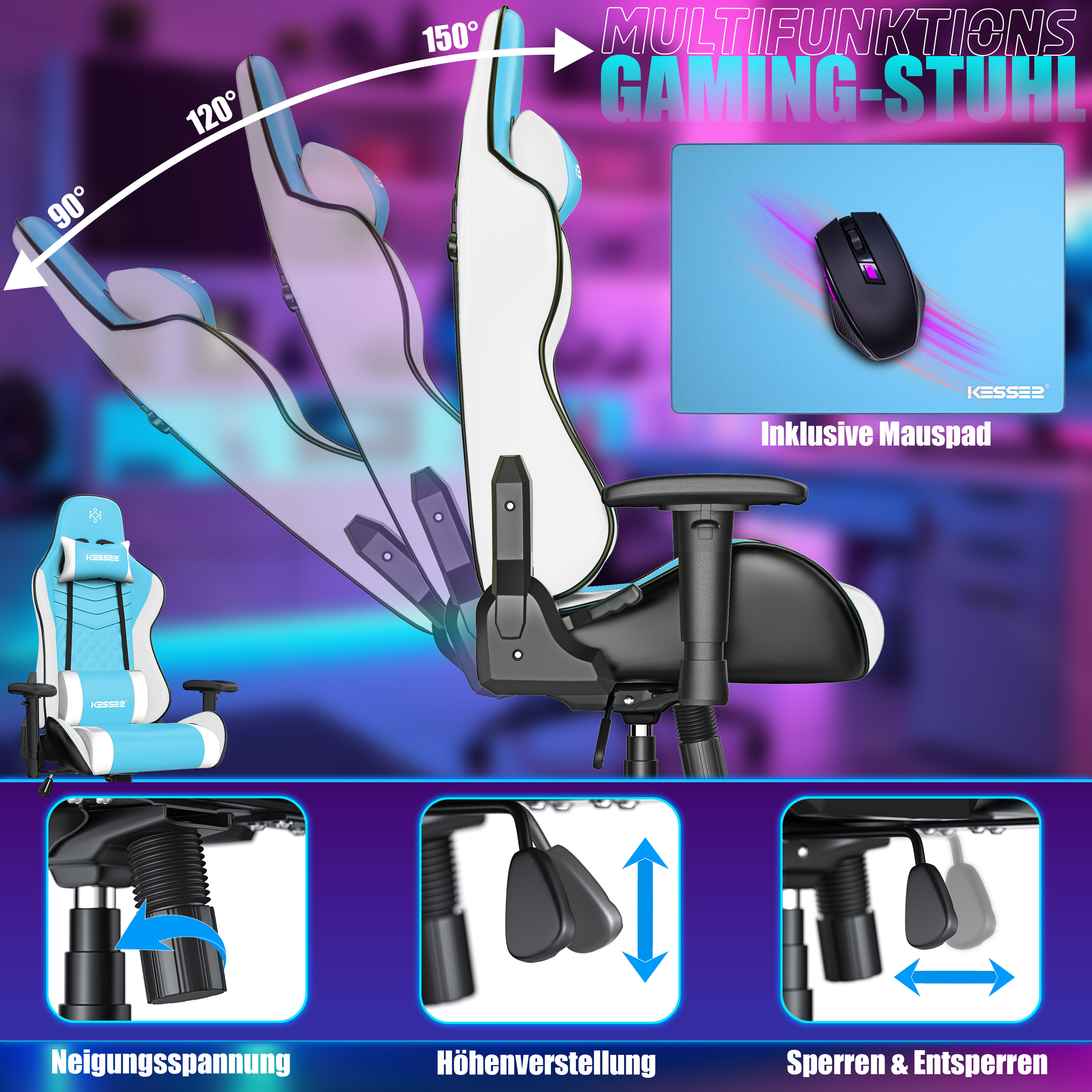 Blau-weißer Gaming-Stuhl mit verstellbarer Rückenlehne, Mauspad und Steuerelementen.