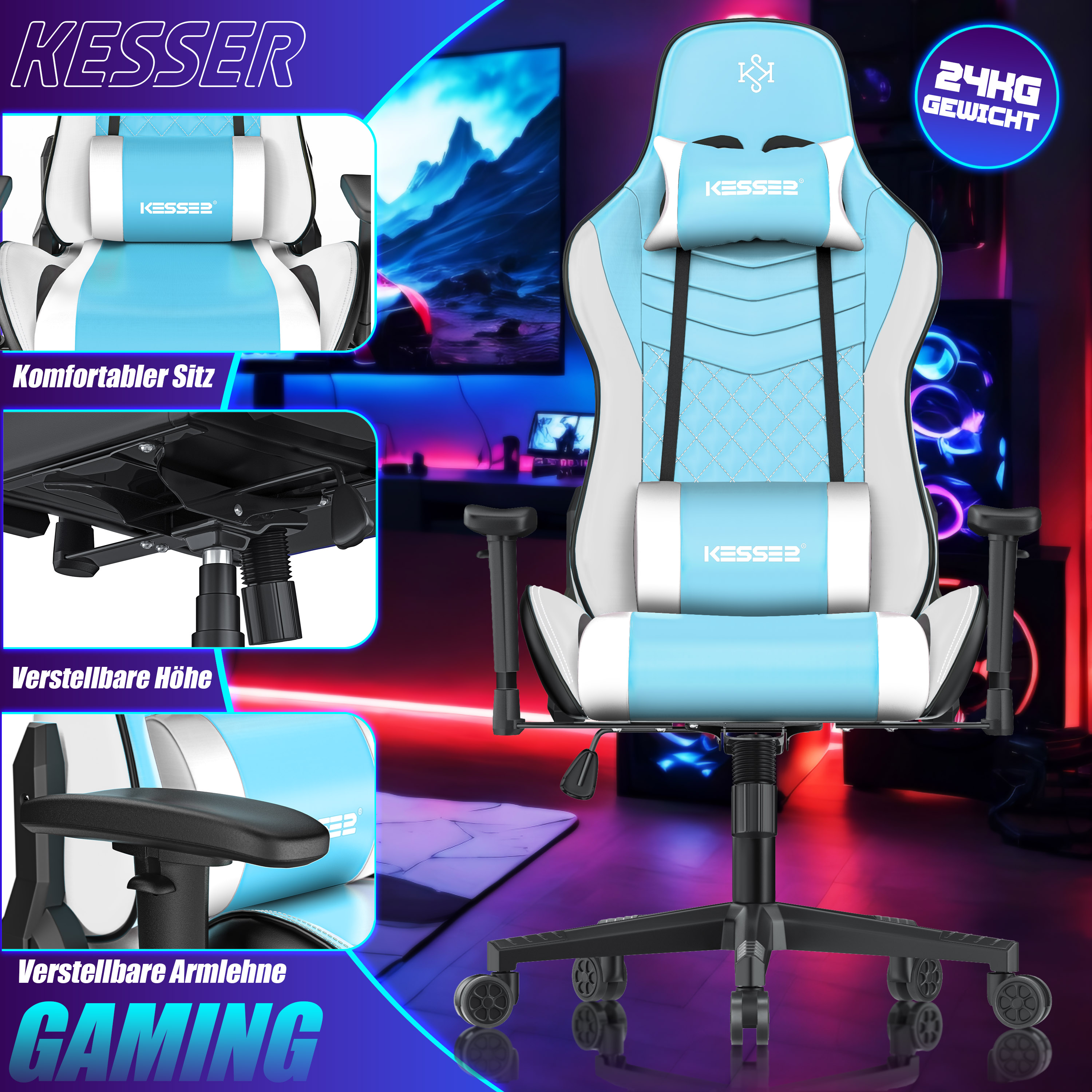 Ein blau-weißer Kesser Gaming-Stuhl vor einem bunt beleuchteten Raum mit drei Inset-Bildern.