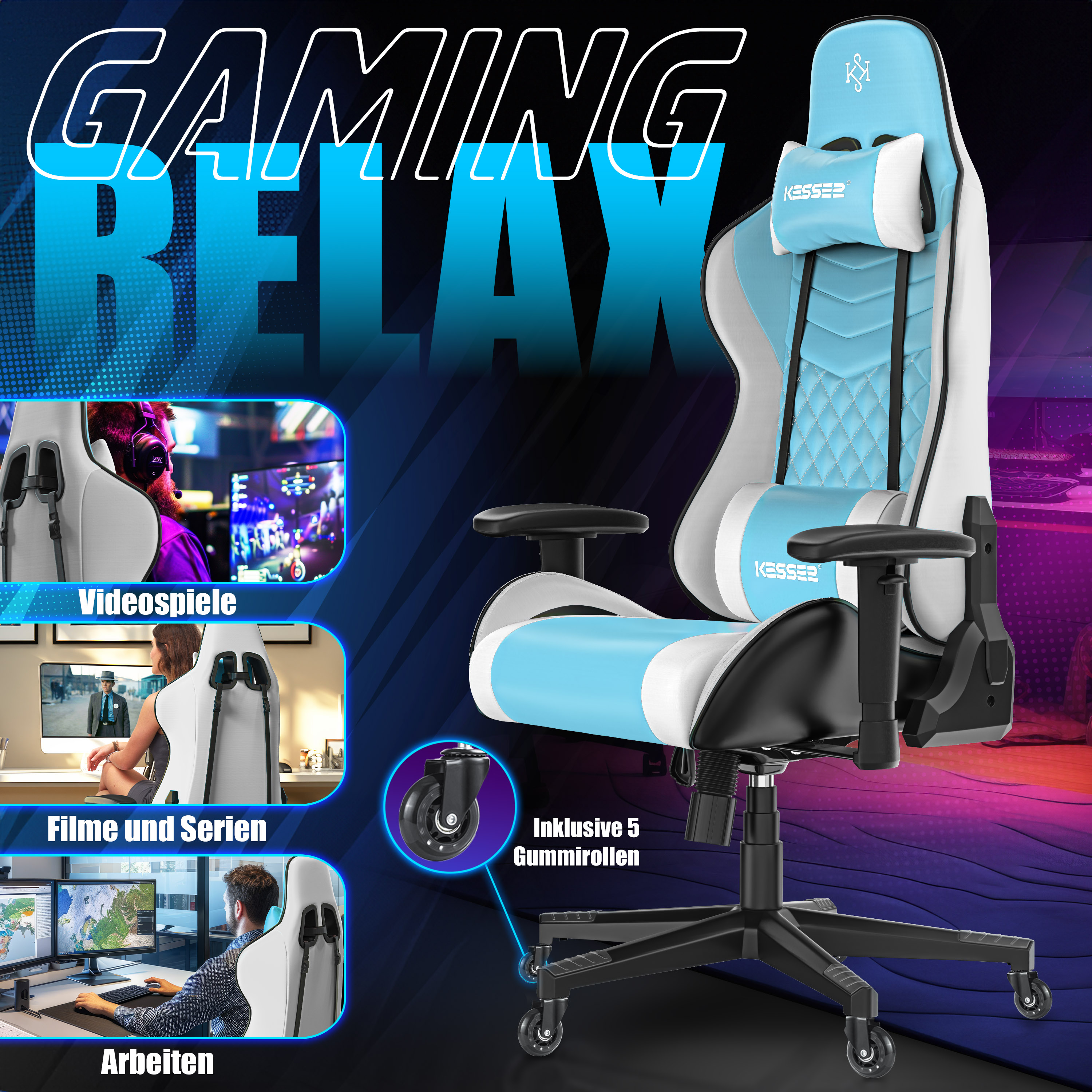 Ein weiß-hellblauer Gaming-Stuhl mit Kissen, Rollen und kleinen Bildern für Videospiele, Filme und Arbeiten.