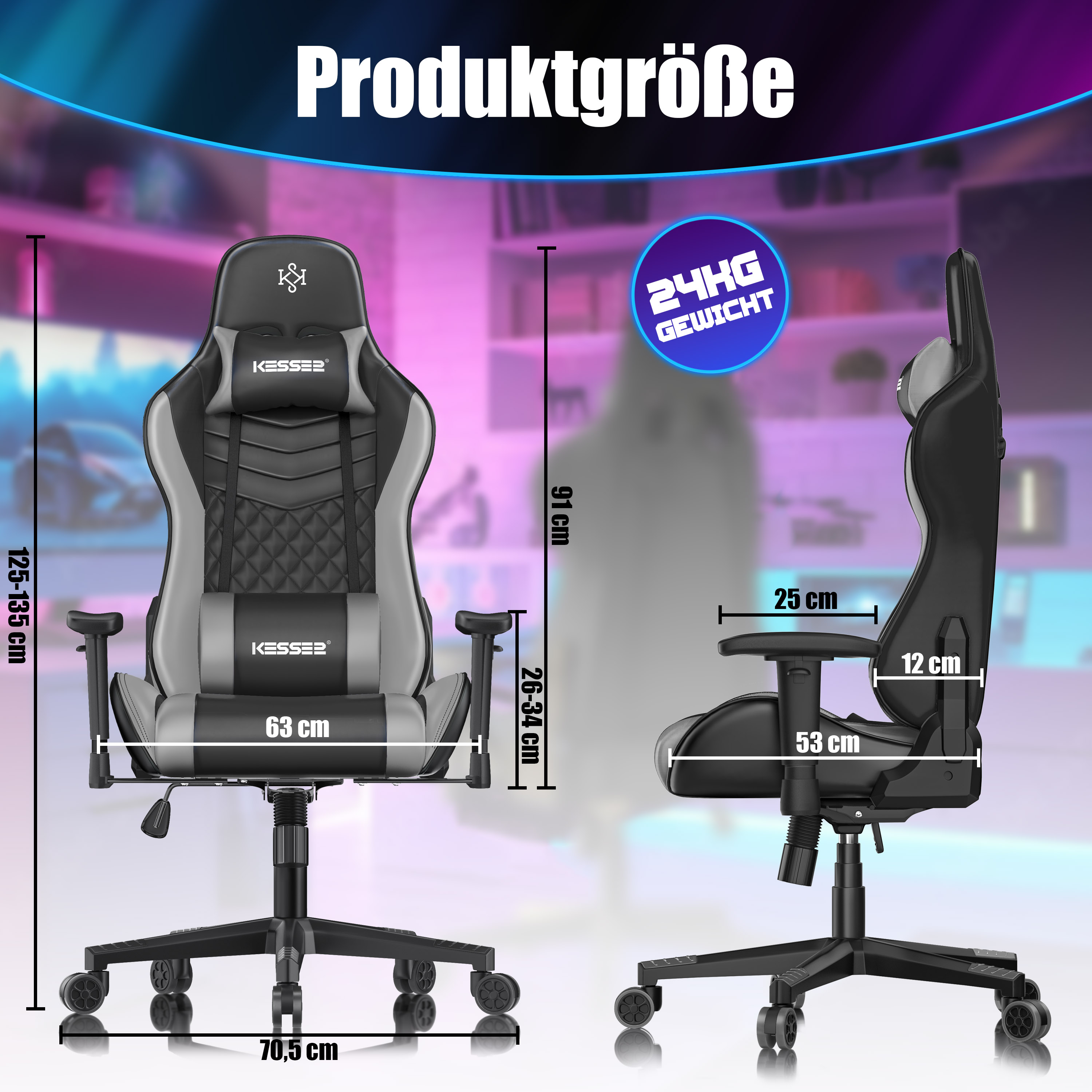 Produktgrößengrafik eines schwarz-grauen Gaming-Stuhls mit Höhen-, Breiten- und Gewichtsangaben.
