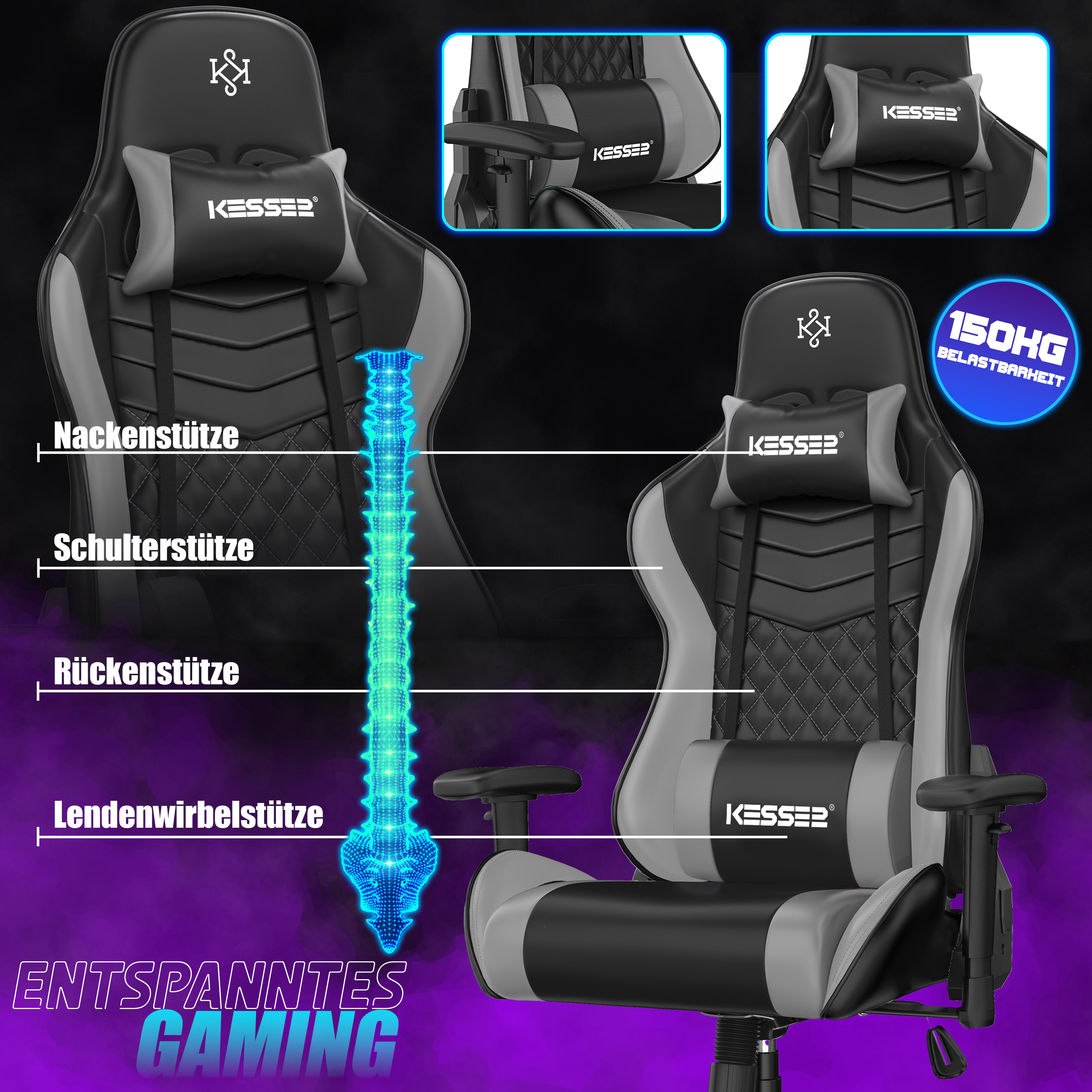 Schwarzer Kesser Gaming-Stuhl mit ergonomischer Wirbelsäulengrafik und Kissen.